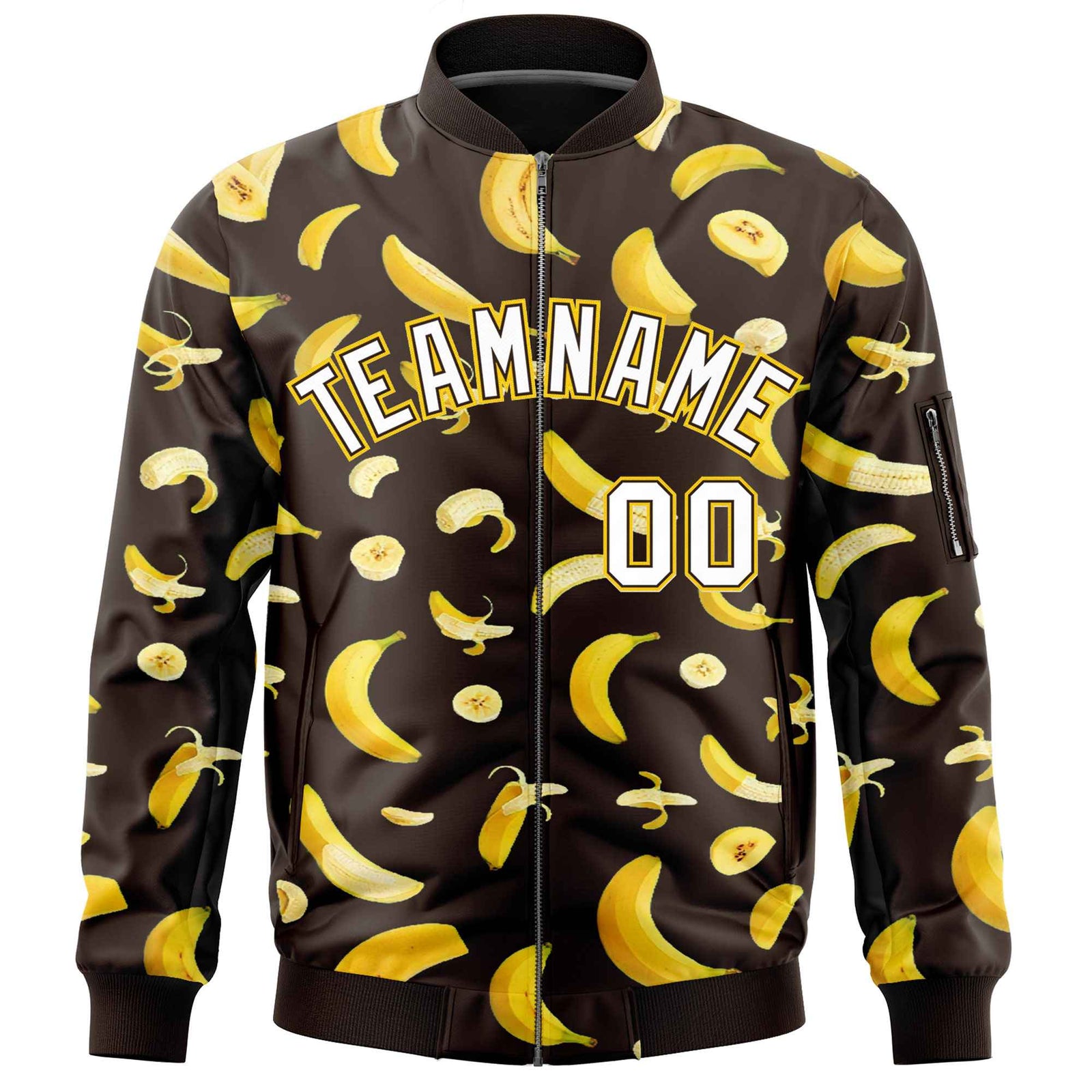 Custom Brown Varsity Full-Zip Banana Pattern Letterman Bomber Jacket | Graffiti Pattern | Embroidery&Dye-sublimation printing | KXKSHOP