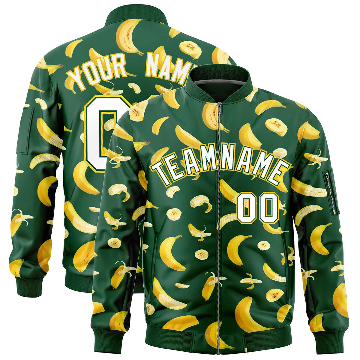 Custom Green Varsity Full-Zip Banana Pattern Letterman Bomber Jacket | Graffiti Pattern | Embroidery&amp;Dye-sublimation printing | KXKSHOP
