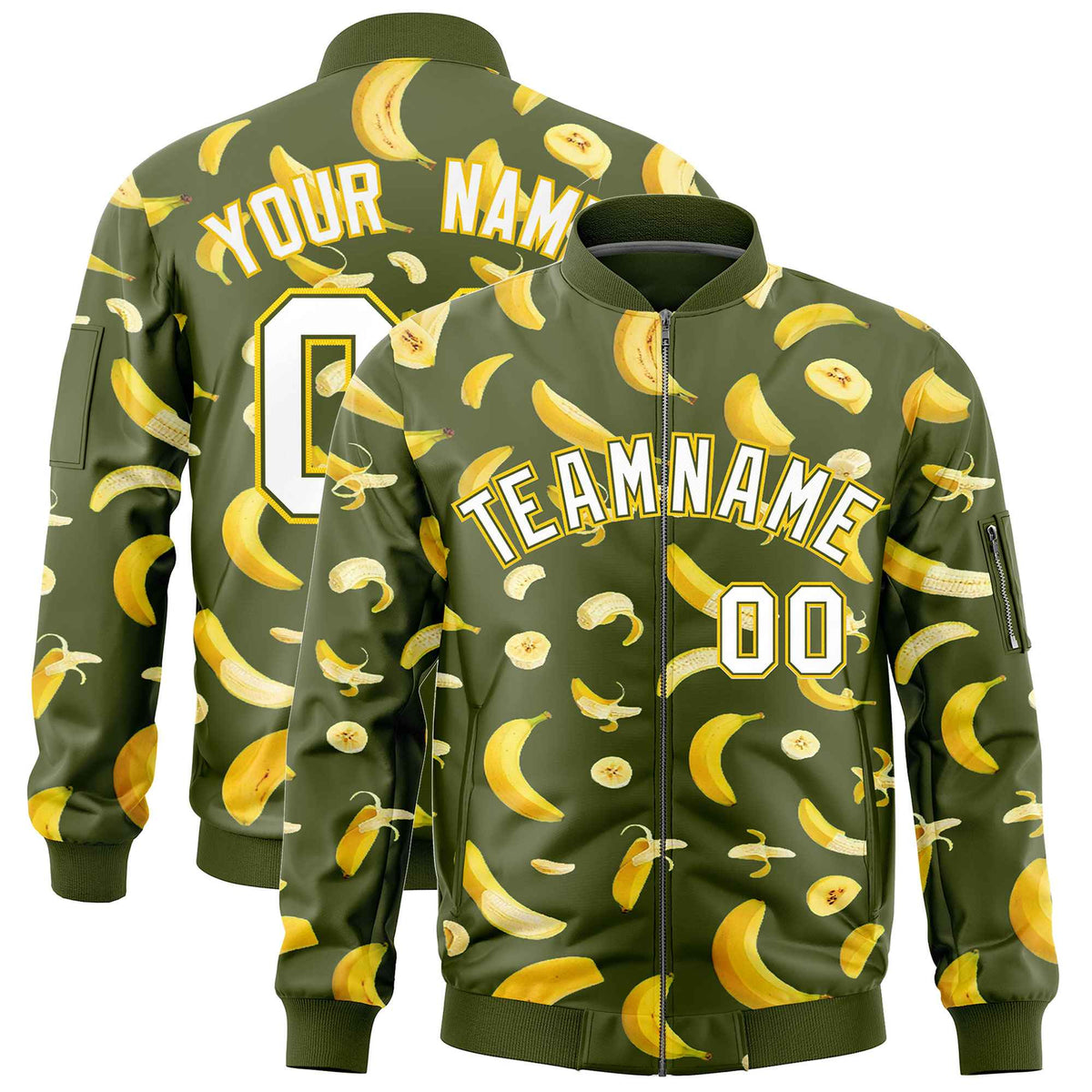 Custom Olive Varsity Full-Zip Banana Pattern Letterman Bomber Jacket | Graffiti Pattern | Embroidery&amp;Dye-sublimation printing | KXKSHOP