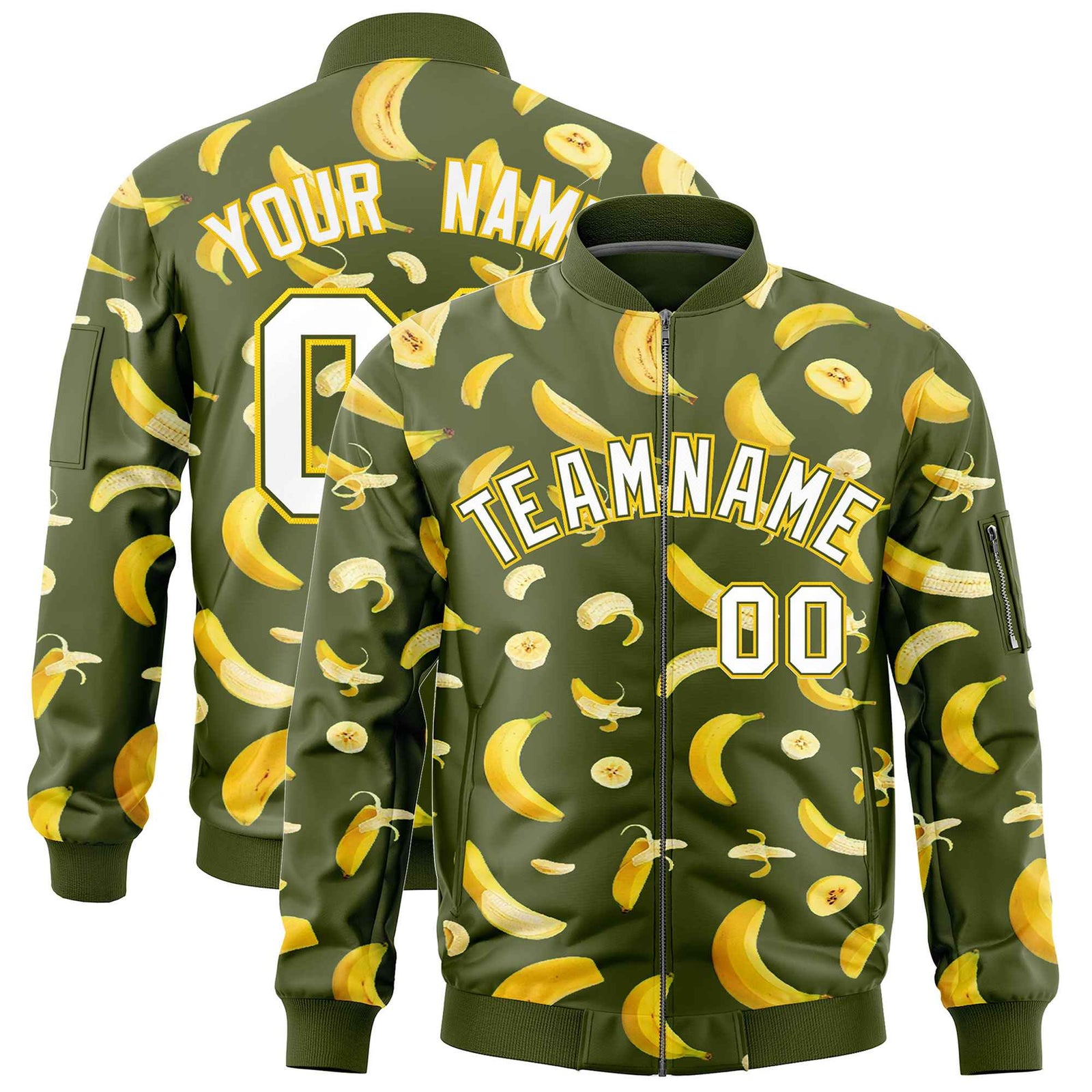 Custom Olive Varsity Full-Zip Banana Pattern Letterman Bomber Jacket | Graffiti Pattern | Embroidery&Dye-sublimation printing | KXKSHOP