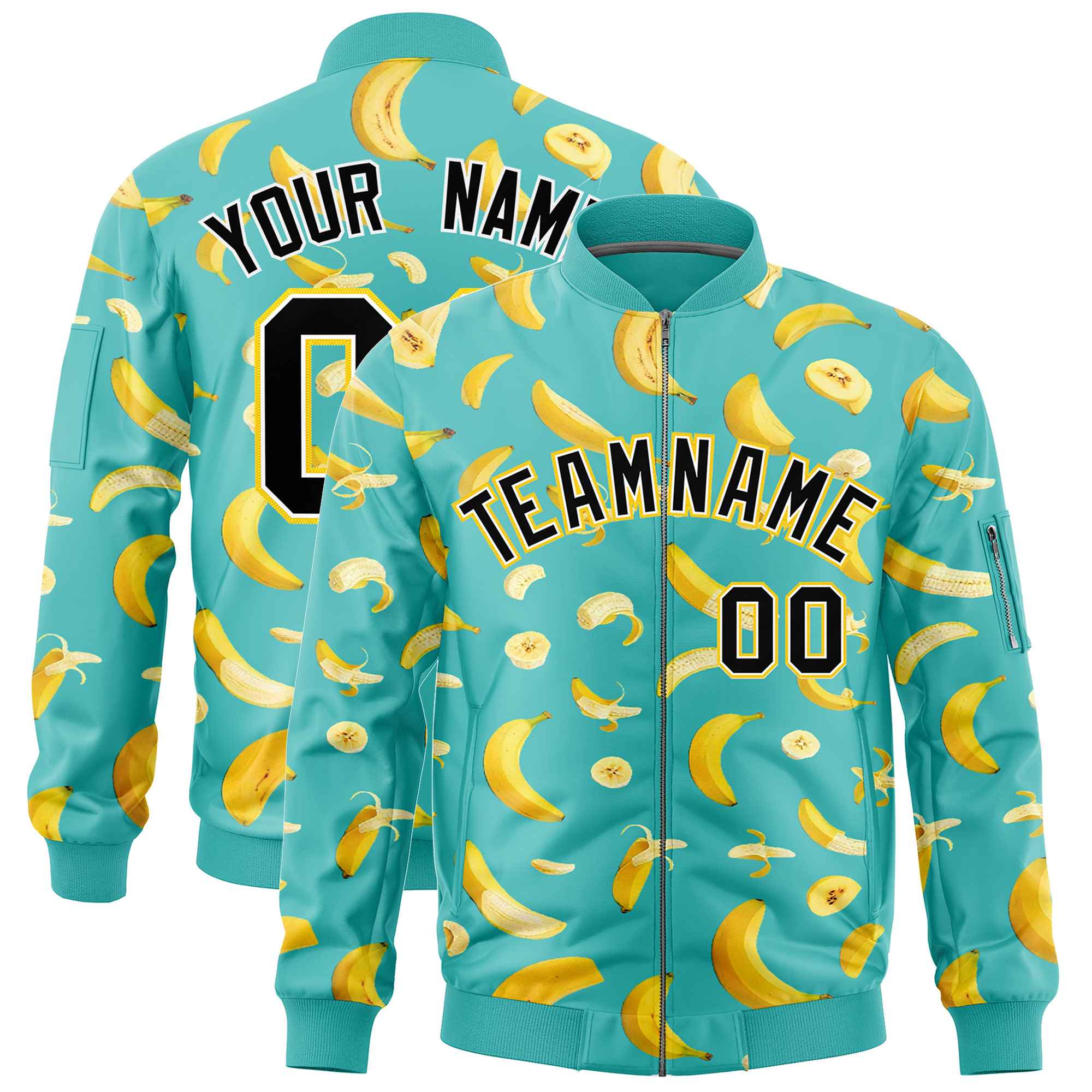 Custom Teal Varsity Full-Zip Banana Pattern Letterman Bomber Jacket | Graffiti Pattern | Embroidery&Dye-sublimation printing | KXKSHOP