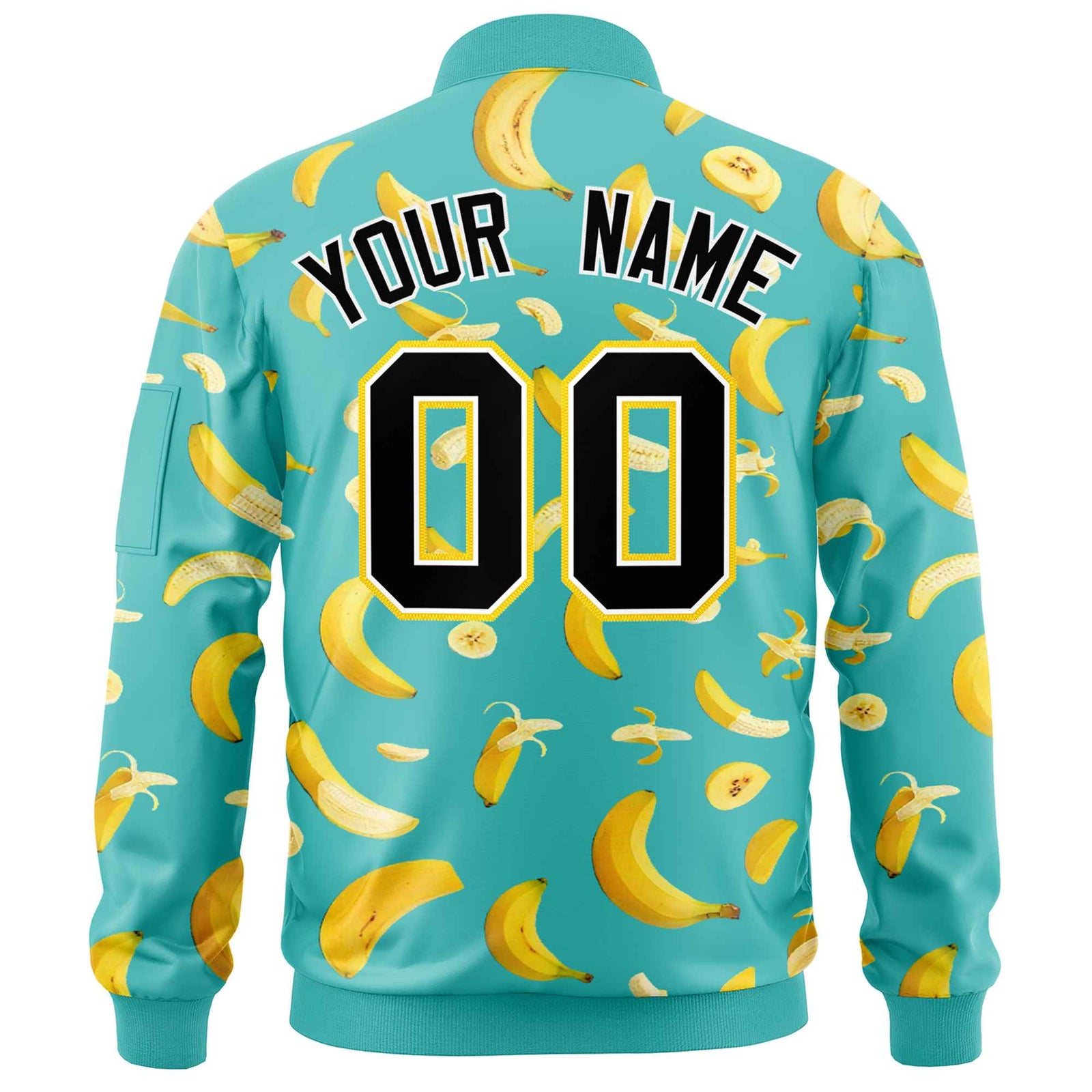 Custom Teal Varsity Full-Zip Banana Pattern Letterman Bomber Jacket | Graffiti Pattern | Embroidery&Dye-sublimation printing | KXKSHOP