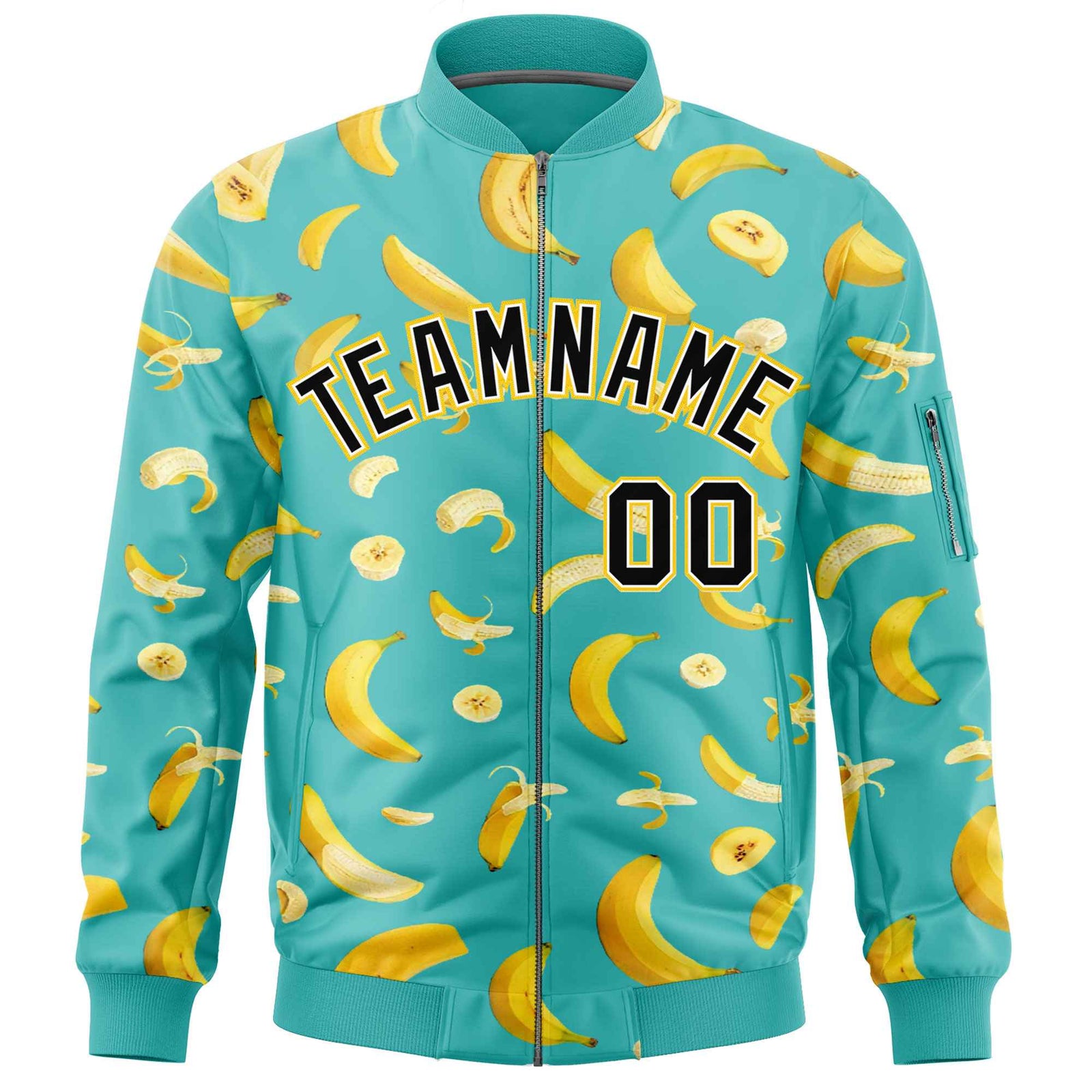 Custom Teal Varsity Full-Zip Banana Pattern Letterman Bomber Jacket | Graffiti Pattern | Embroidery&Dye-sublimation printing | KXKSHOP