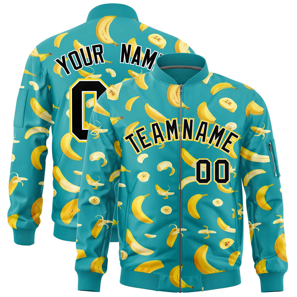 Custom Aqua Varsity Full-Zip Banana Pattern Letterman Bomber Jacket | Graffiti Pattern | Embroidery&amp;Dye-sublimation printing | KXKSHOP