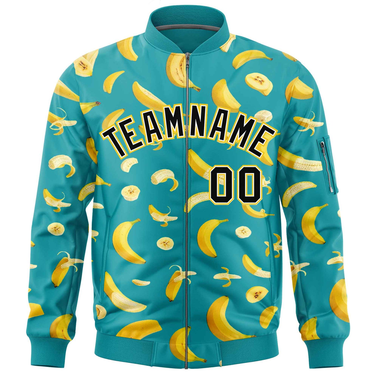 Custom Aqua Varsity Full-Zip Banana Pattern Letterman Bomber Jacket | Graffiti Pattern | Embroidery&Dye-sublimation printing | KXKSHOP