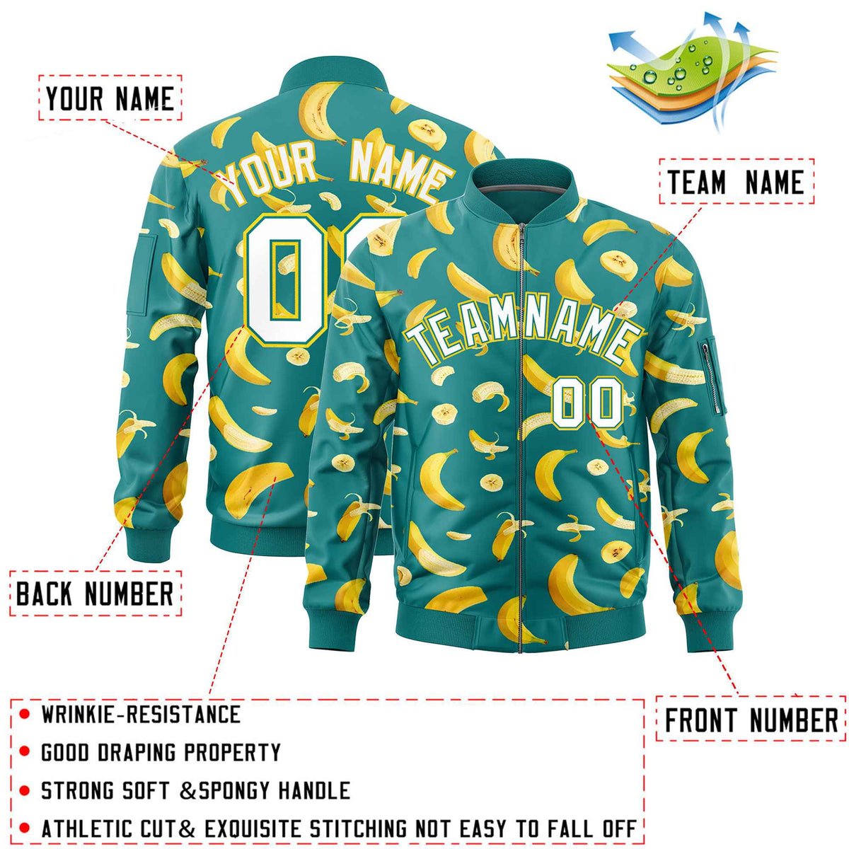 Custom Teal Varsity Full-Zip Banana Pattern Letterman Bomber Jacket | Graffiti Pattern | Embroidery&amp;Dye-sublimation printing | KXKSHOP
