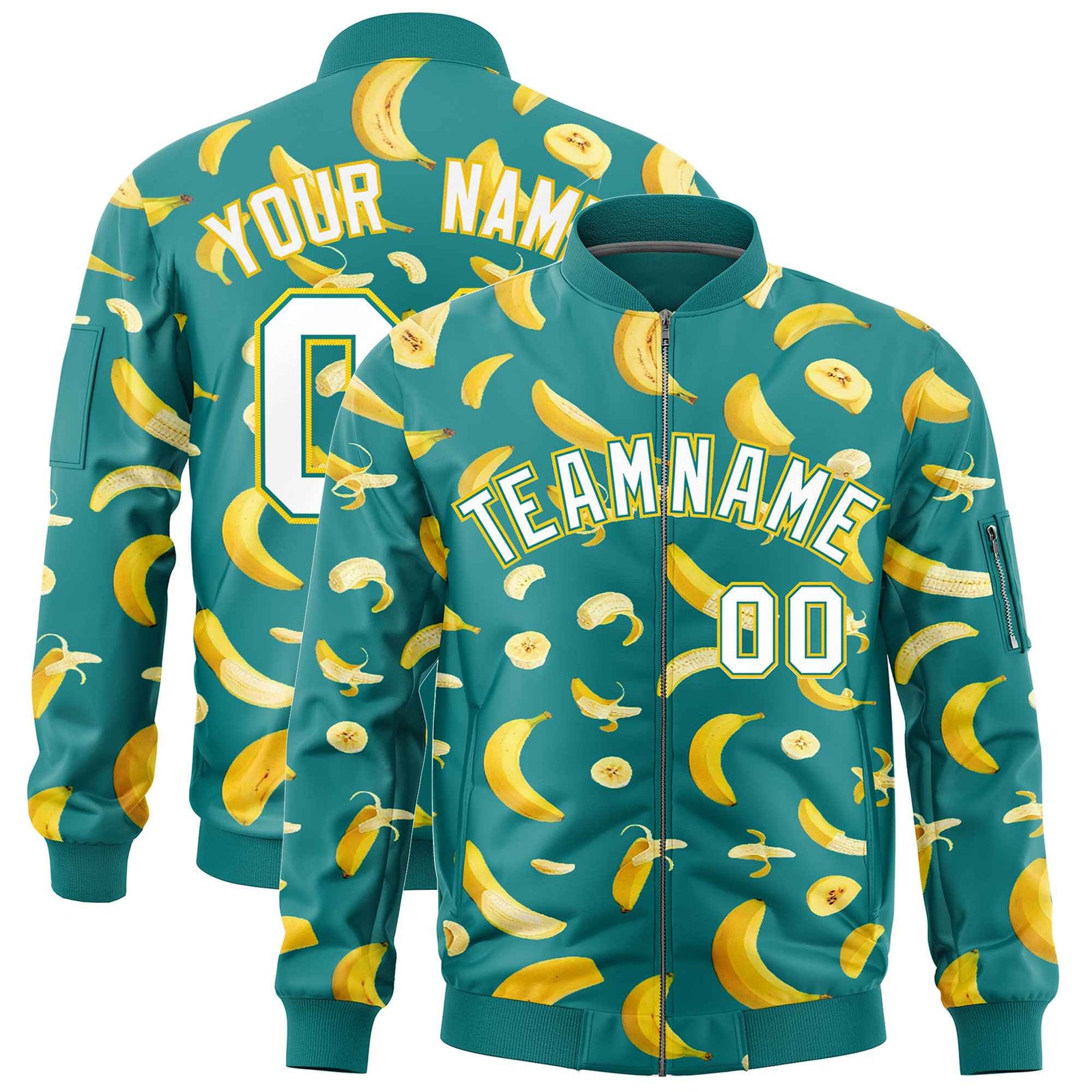 Custom Teal Varsity Full-Zip Banana Pattern Letterman Bomber Jacket | Graffiti Pattern | Embroidery&Dye-sublimation printing | KXKSHOP