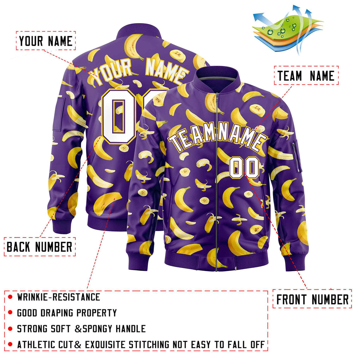 Custom Purple Varsity Full-Zip Banana Pattern Letterman Bomber Jacket | Graffiti Pattern | Embroidery&amp;Dye-sublimation printing | KXKSHOP