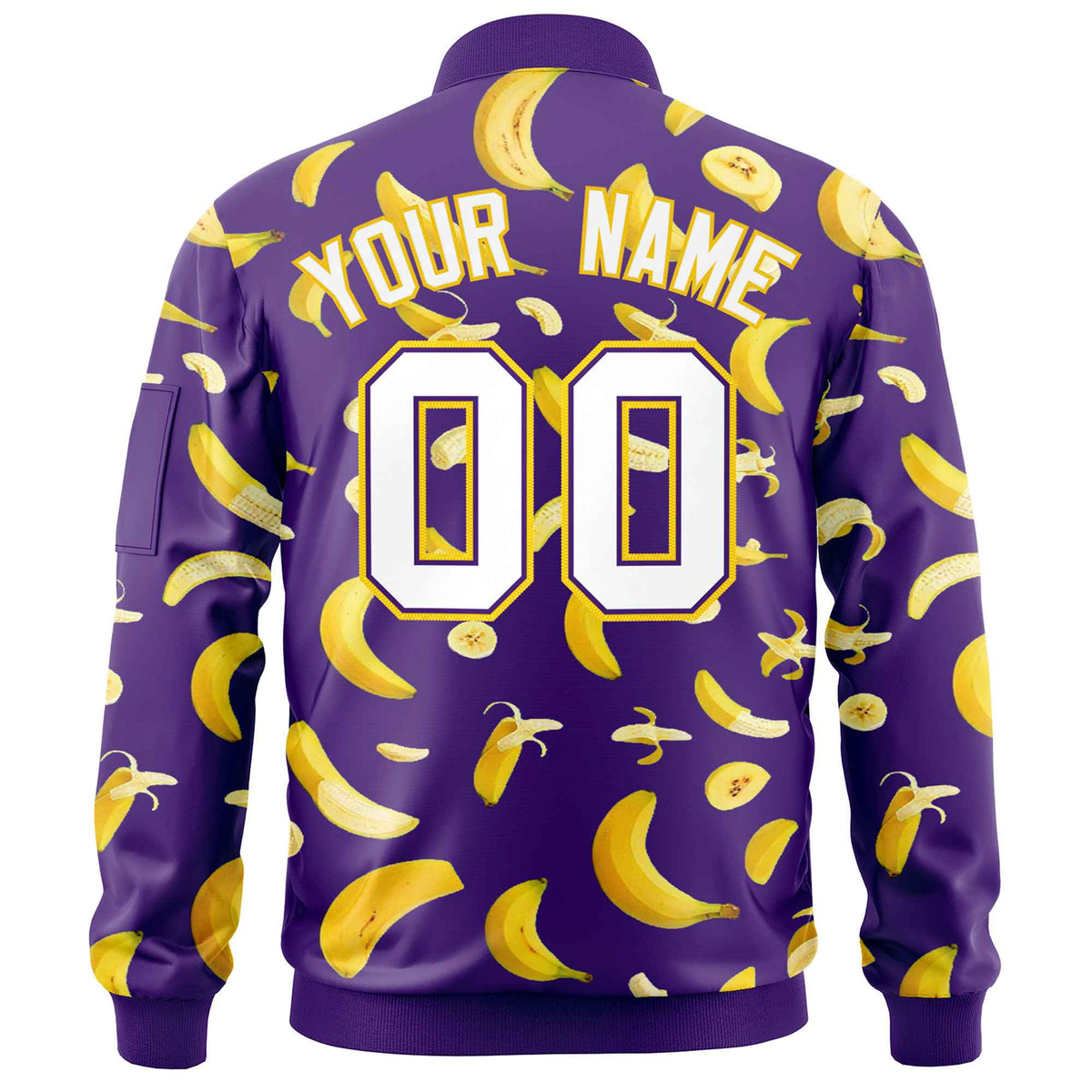 Custom Purple Varsity Full-Zip Banana Pattern Letterman Bomber Jacket | Graffiti Pattern | Embroidery&amp;Dye-sublimation printing | KXKSHOP