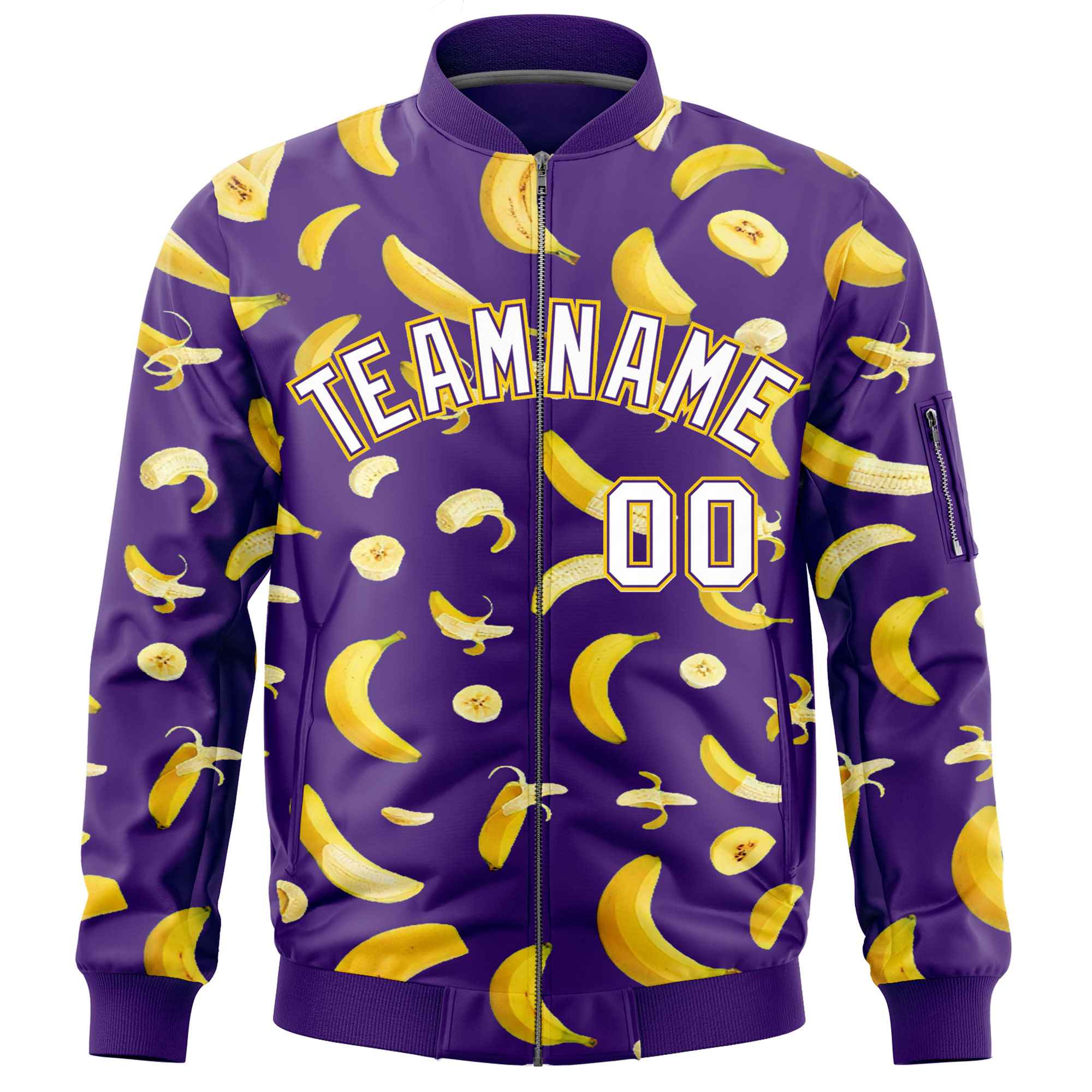 Custom Purple Varsity Full-Zip Banana Pattern Letterman Bomber Jacket | Graffiti Pattern | Embroidery&Dye-sublimation printing | KXKSHOP