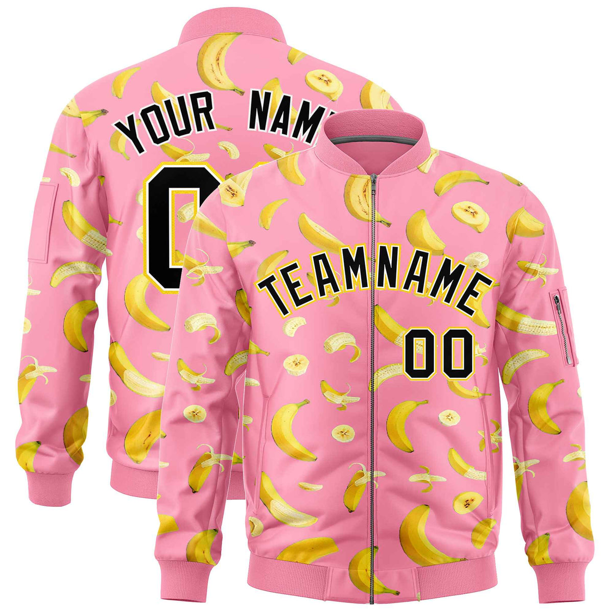 Custom Light Pink Varsity Full-Zip Banana Pattern Letterman Bomber Jacket | Graffiti Pattern | Embroidery&amp;Dye-sublimation printing | KXKSHOP