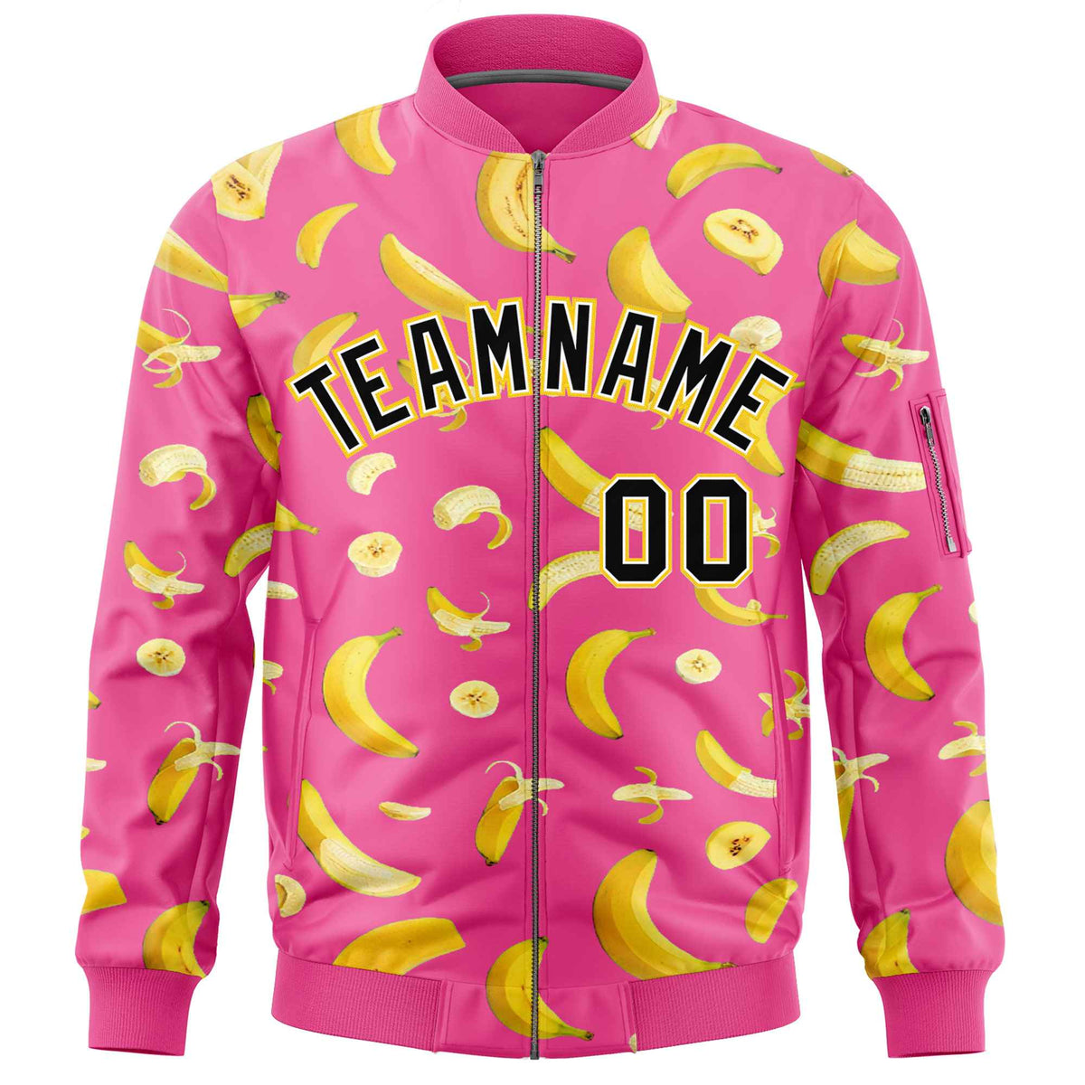 Custom Pink Varsity Full-Zip Banana Pattern Letterman Bomber Jacket | Graffiti Pattern | Embroidery&amp;Dye-sublimation printing | KXKSHOP