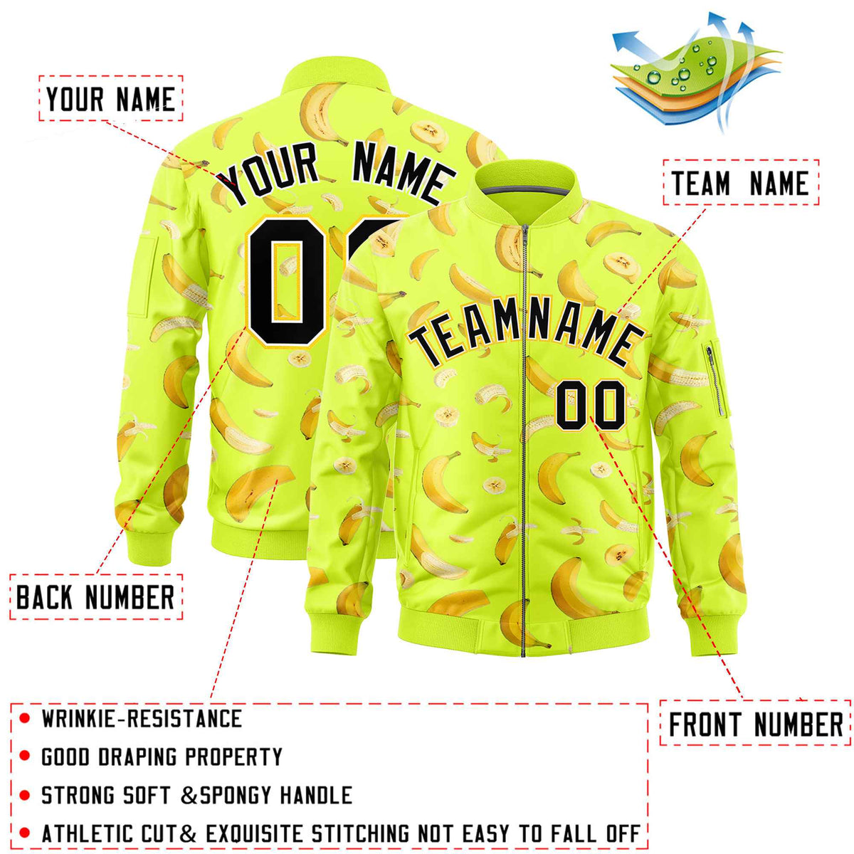 Custom Fluorescent Green Varsity Full-Zip Banana Pattern Letterman Bomber Jacket | Graffiti Pattern | Embroidery&Dye-sublimation printing | KXKSHOP