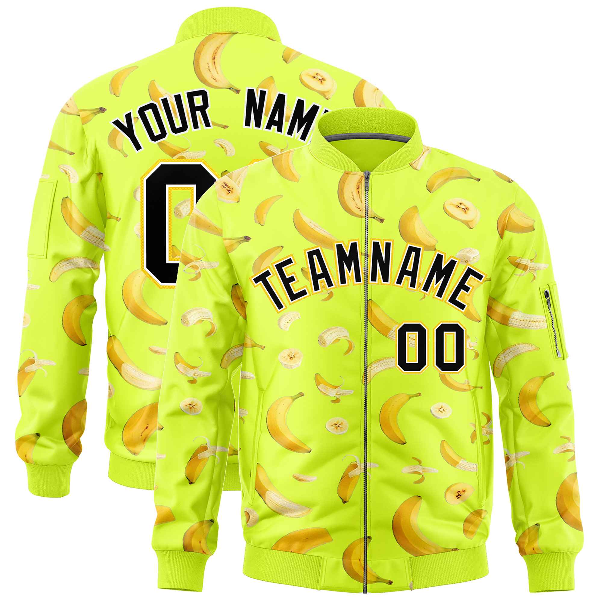 Custom Fluorescent Green Varsity Full-Zip Banana Pattern Letterman Bomber Jacket | Graffiti Pattern | Embroidery&Dye-sublimation printing | KXKSHOP