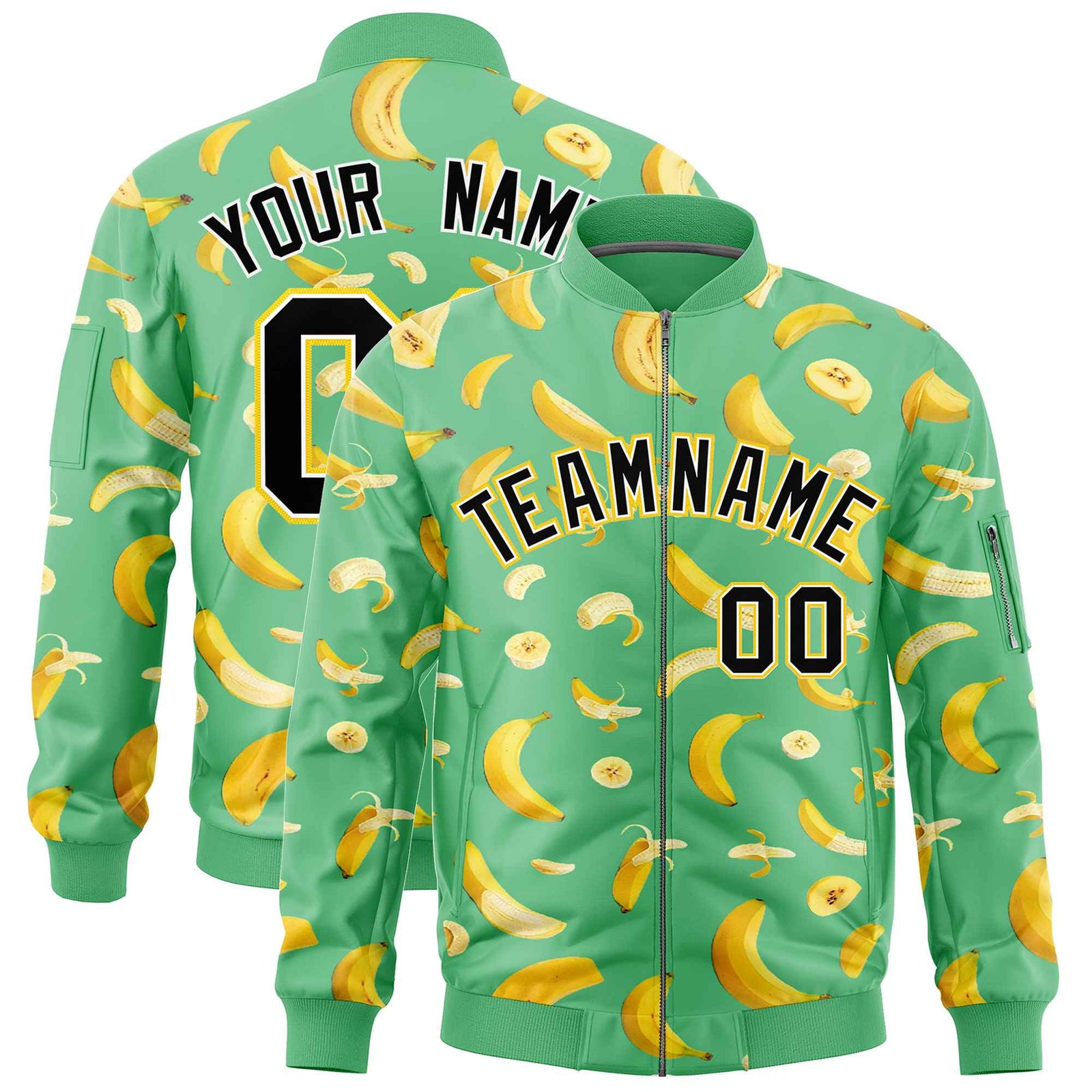 Custom Neon Green Varsity Full-Zip Banana Pattern Letterman Bomber Jacket | Graffiti Pattern | Embroidery&Dye-sublimation printing | KXKSHOP