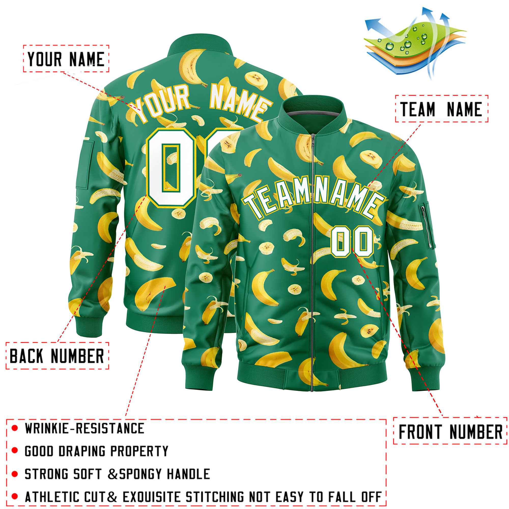 Custom Kelly Green Varsity Full-Zip Banana Pattern Letterman Bomber Jacket | Graffiti Pattern | Embroidery&Dye-sublimation printing | KXKSHOP