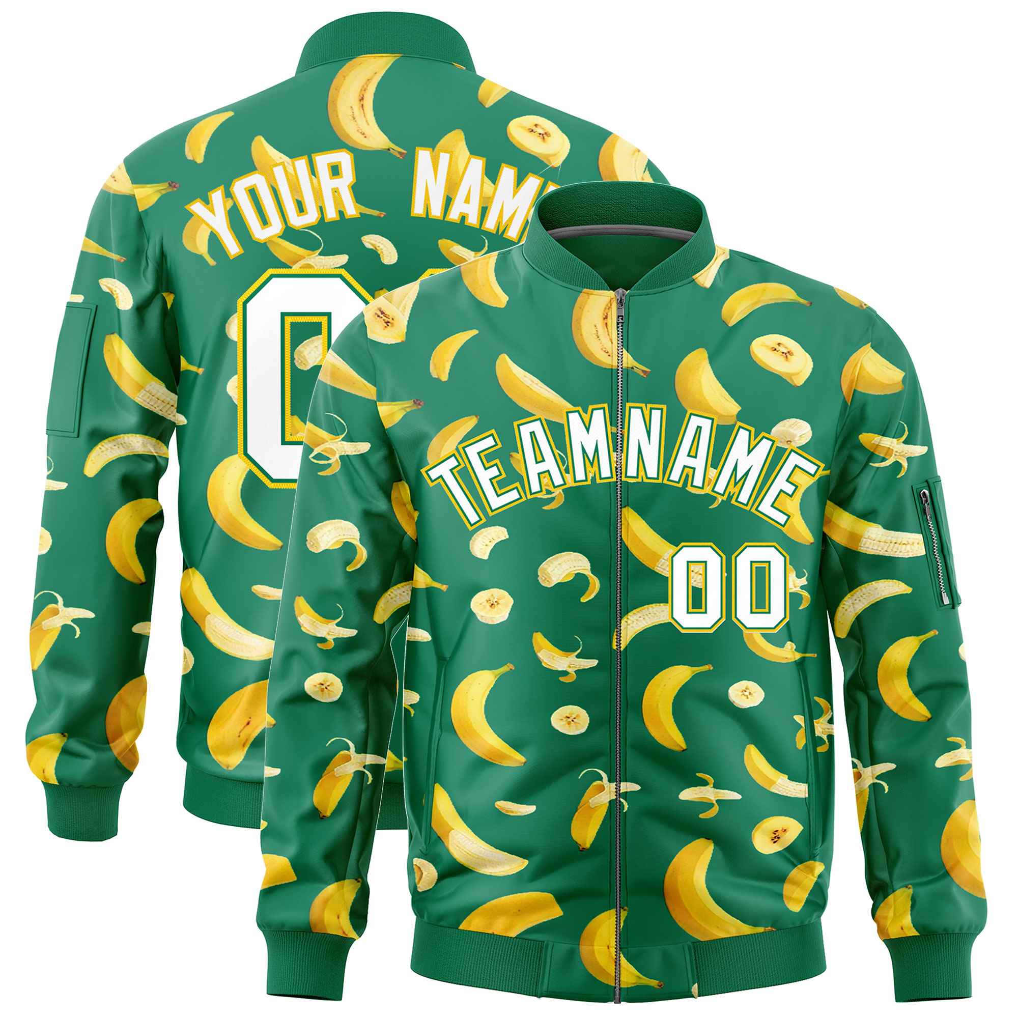 Custom Kelly Green Varsity Full-Zip Banana Pattern Letterman Bomber Jacket | Graffiti Pattern | Embroidery&Dye-sublimation printing | KXKSHOP