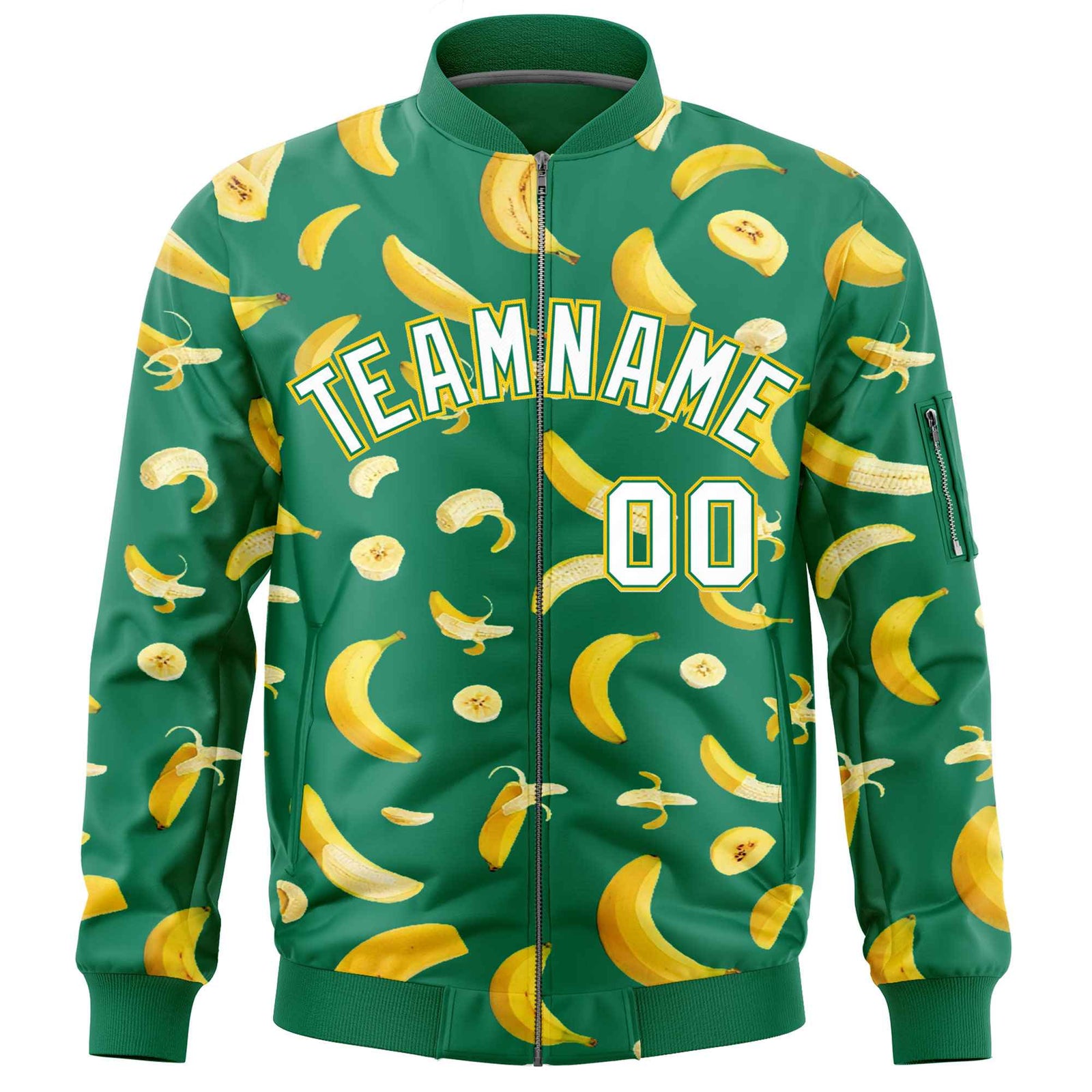 Custom Kelly Green Varsity Full-Zip Banana Pattern Letterman Bomber Jacket | Graffiti Pattern | Embroidery&Dye-sublimation printing | KXKSHOP