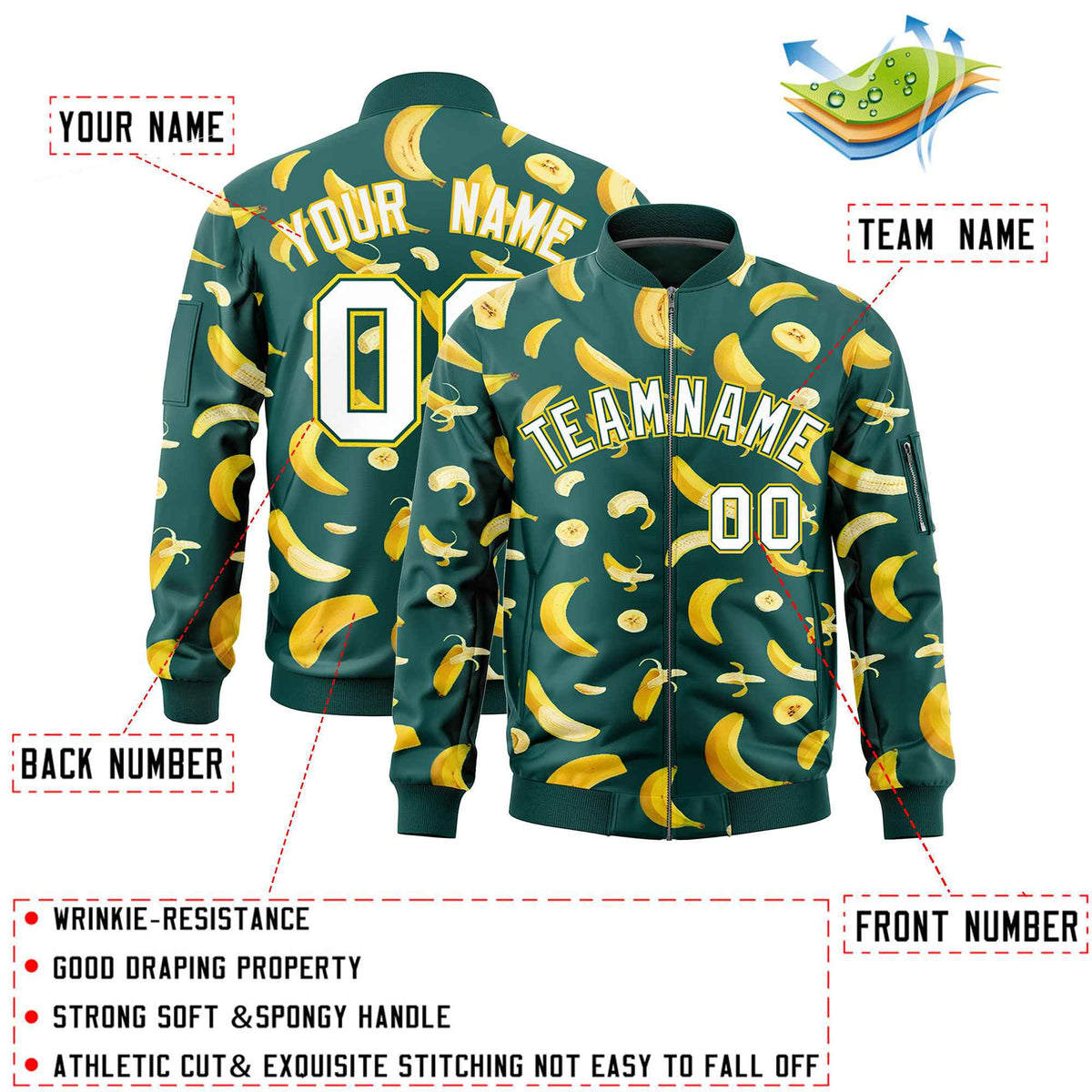 Custom Midnight Green Varsity Full-Zip Banana Pattern Letterman Bomber Jacket | Graffiti Pattern | Embroidery&amp;Dye-sublimation printing | KXKSHOP
