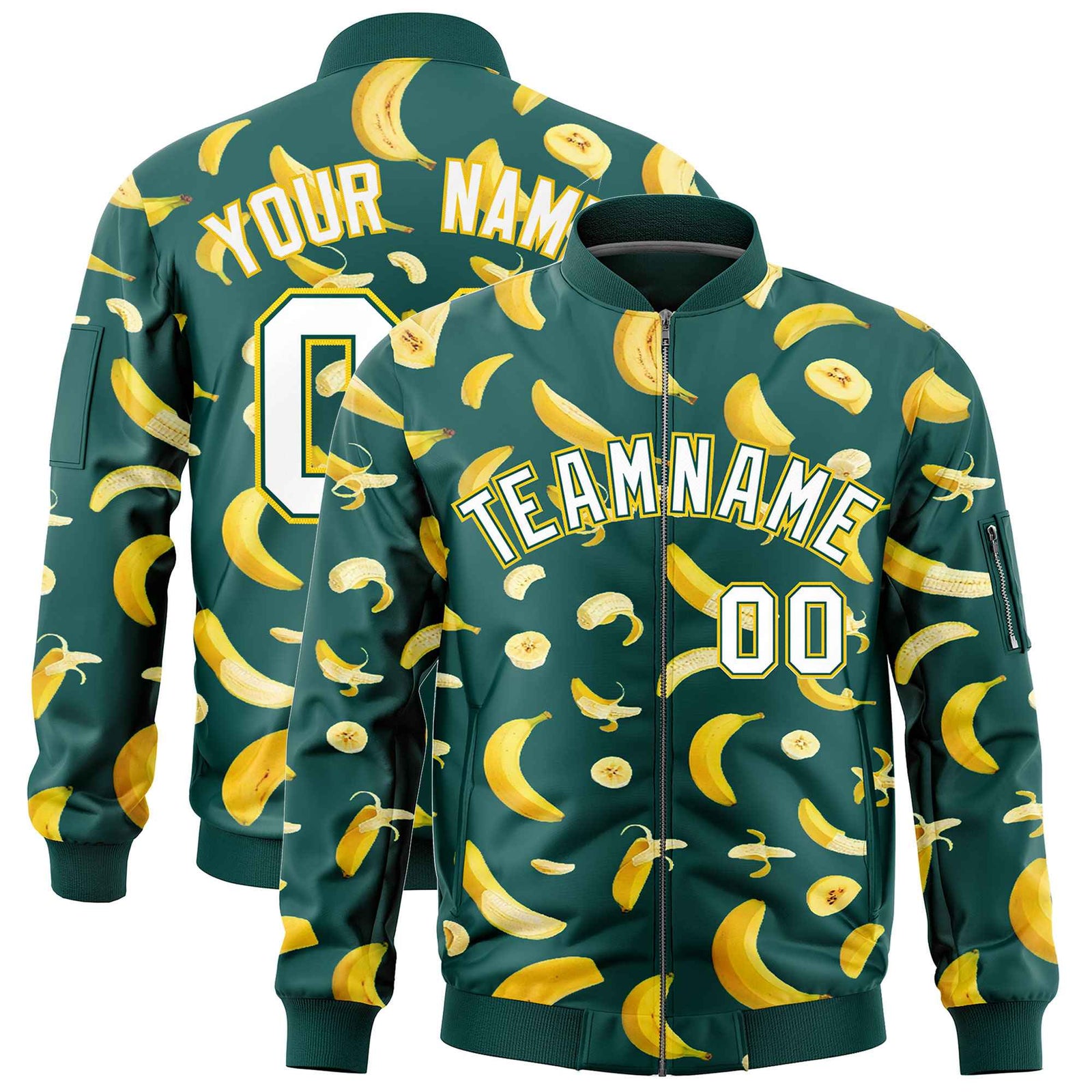 Custom Midnight Green Varsity Full-Zip Banana Pattern Letterman Bomber Jacket | Graffiti Pattern | Embroidery&Dye-sublimation printing | KXKSHOP