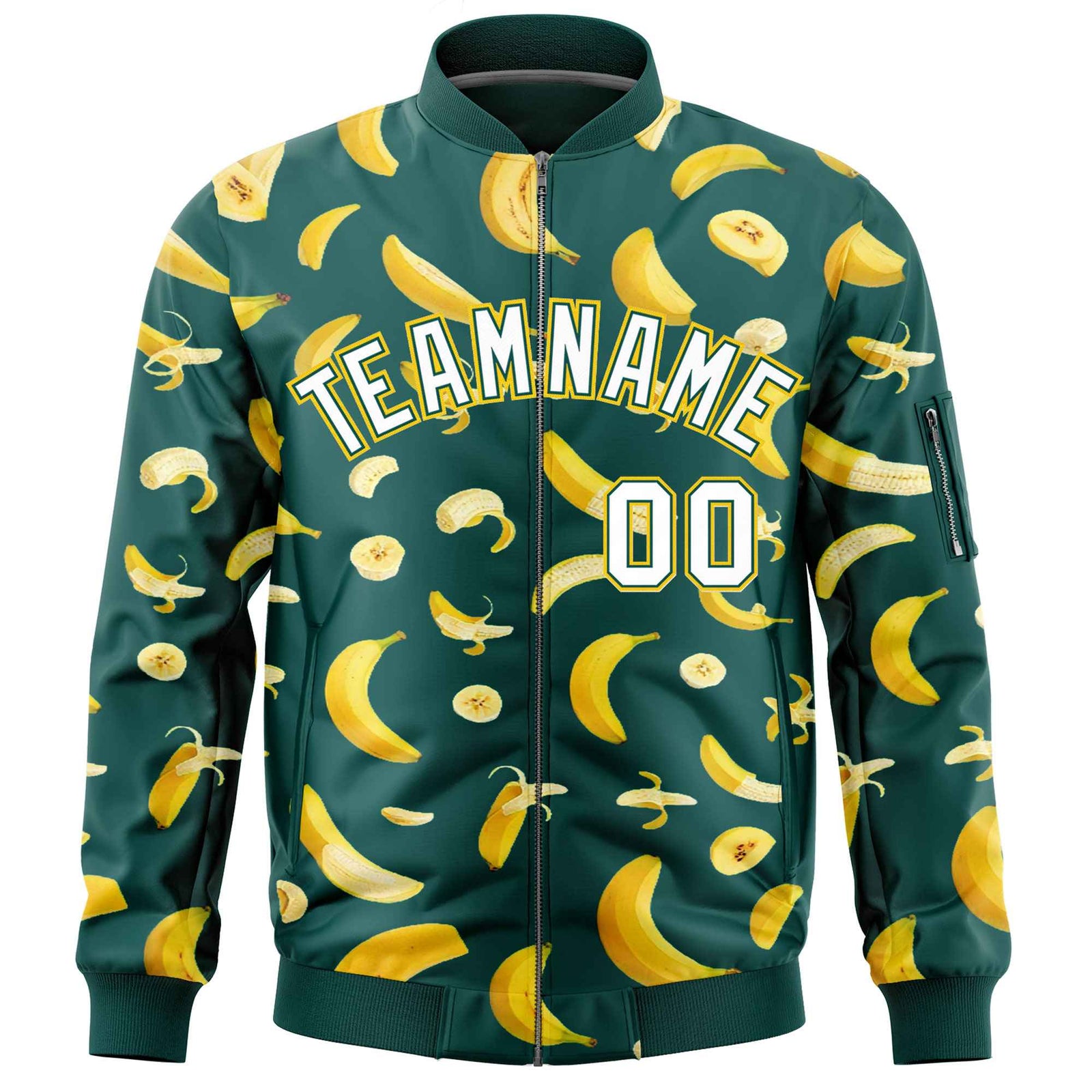 Custom Midnight Green Varsity Full-Zip Banana Pattern Letterman Bomber Jacket | Graffiti Pattern | Embroidery&Dye-sublimation printing | KXKSHOP