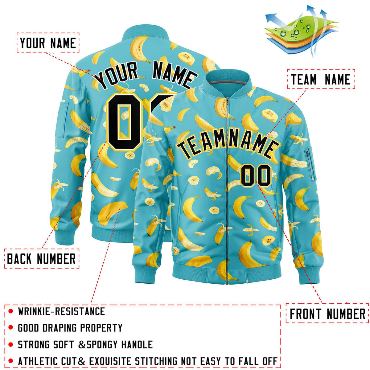 Custom Sky Blue Varsity Full-Zip Banana Pattern Letterman Bomber Jacket | Graffiti Pattern | Embroidery&amp;Dye-sublimation printing | KXKSHOP