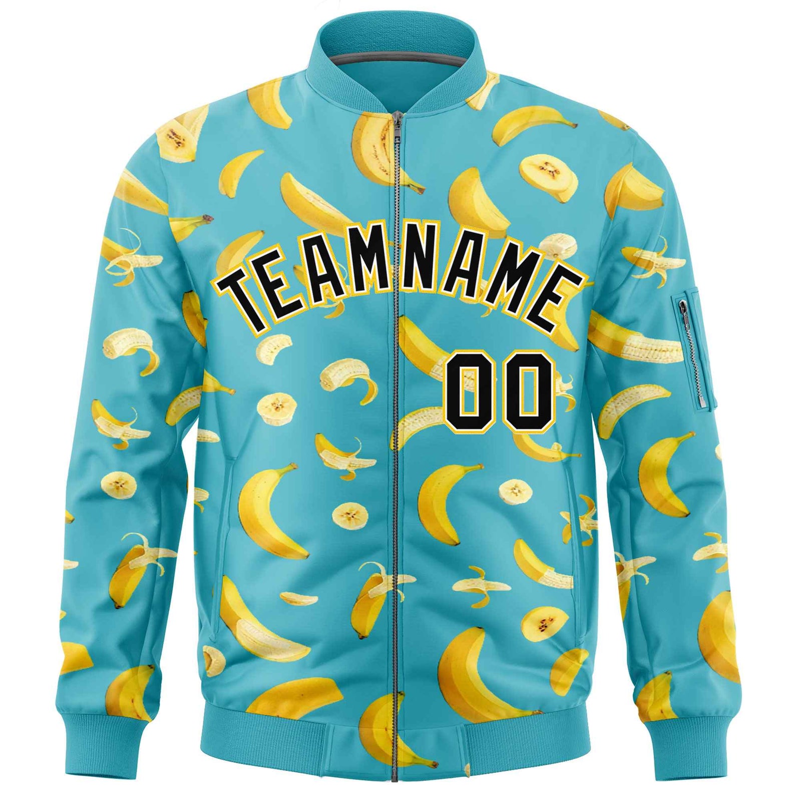 Custom Sky Blue Varsity Full-Zip Banana Pattern Letterman Bomber Jacket | Graffiti Pattern | Embroidery&Dye-sublimation printing | KXKSHOP