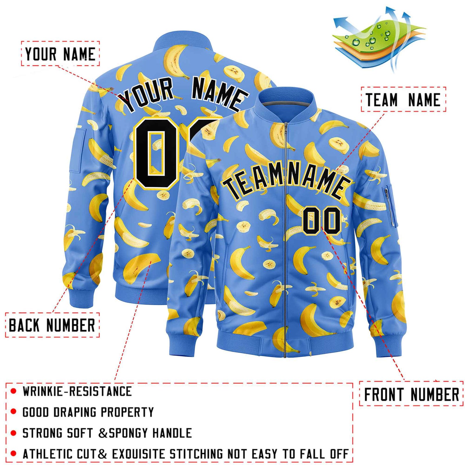 Custom Powder Blue Varsity Full-Zip Banana Pattern Letterman Bomber Jacket | Graffiti Pattern | Embroidery&Dye-sublimation printing | KXKSHOP