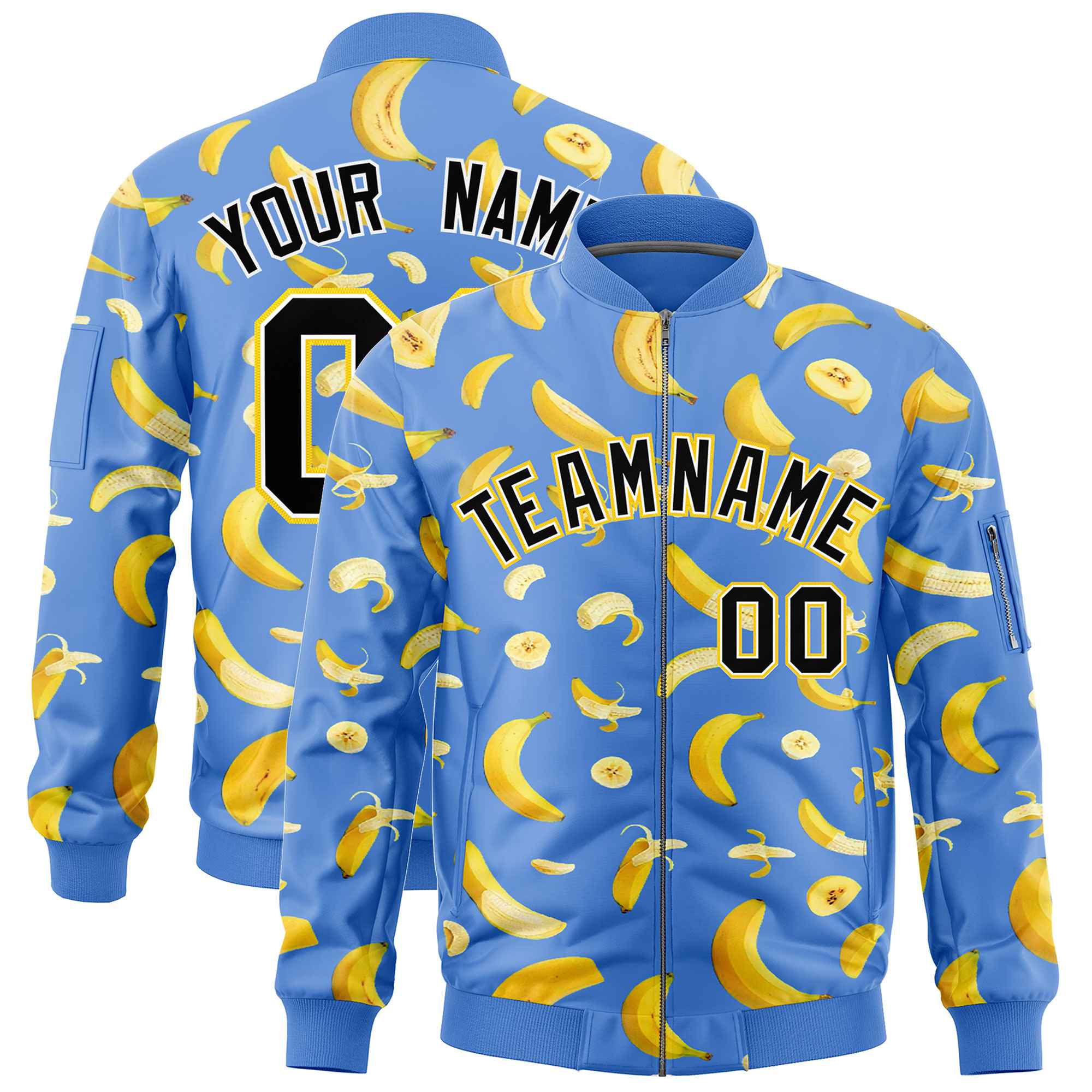Custom Powder Blue Varsity Full-Zip Banana Pattern Letterman Bomber Jacket | Graffiti Pattern | Embroidery&Dye-sublimation printing | KXKSHOP