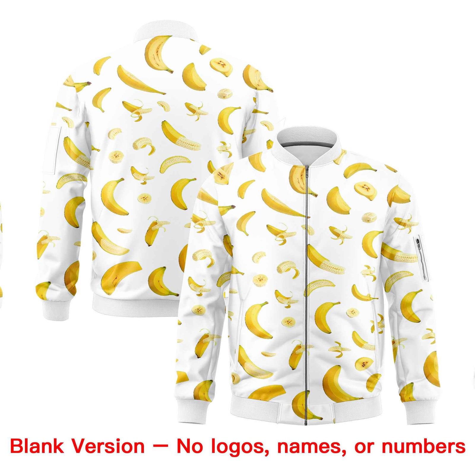 Custom White Varsity Full-Zip Banana Pattern Letterman Bomber Jacket | Graffiti Pattern | Embroidery&Dye-sublimation printing | KXKSHOP