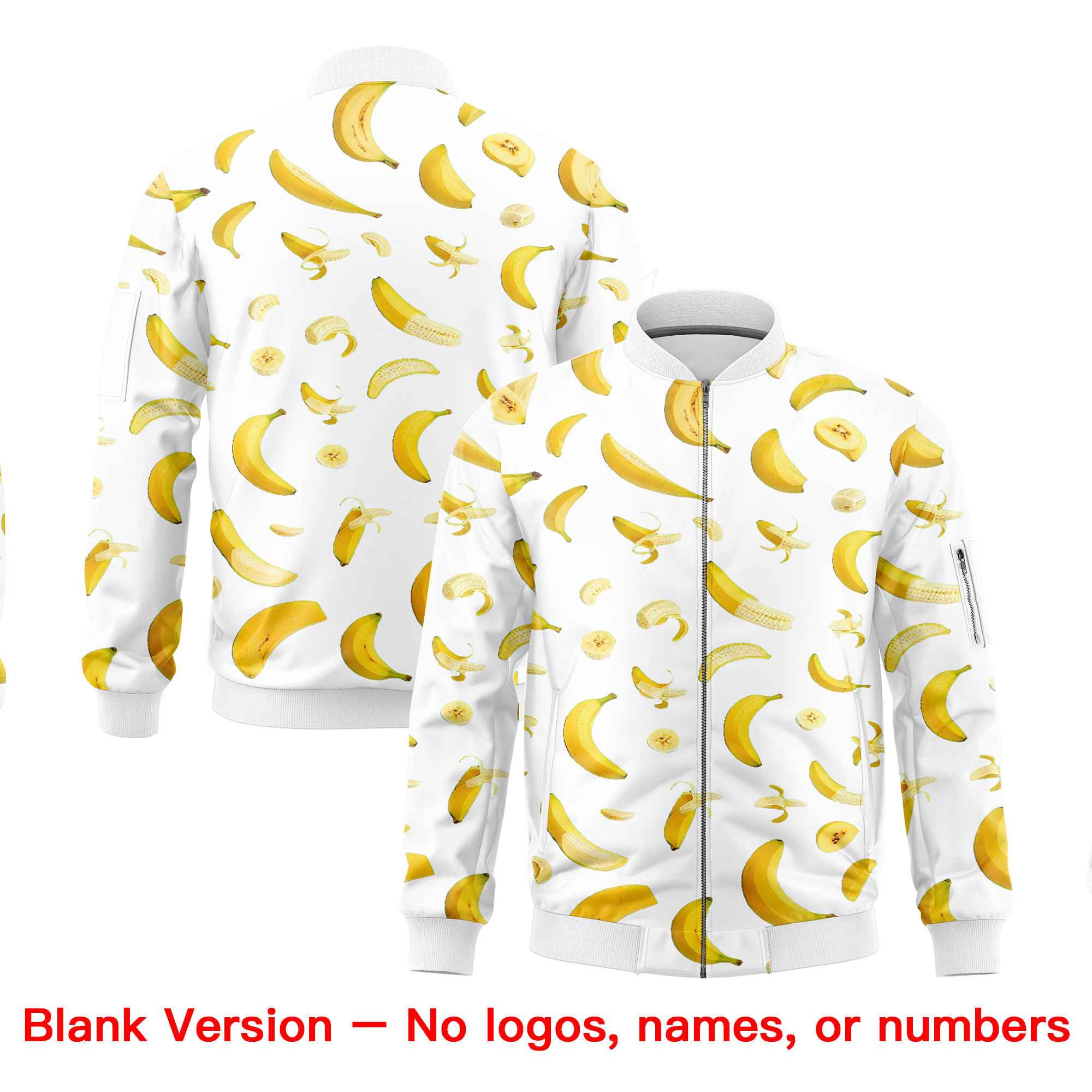 Custom White Varsity Full-Zip Banana Pattern Letterman Bomber Jacket | Graffiti Pattern | Embroidery&Dye-sublimation printing | KXKSHOP