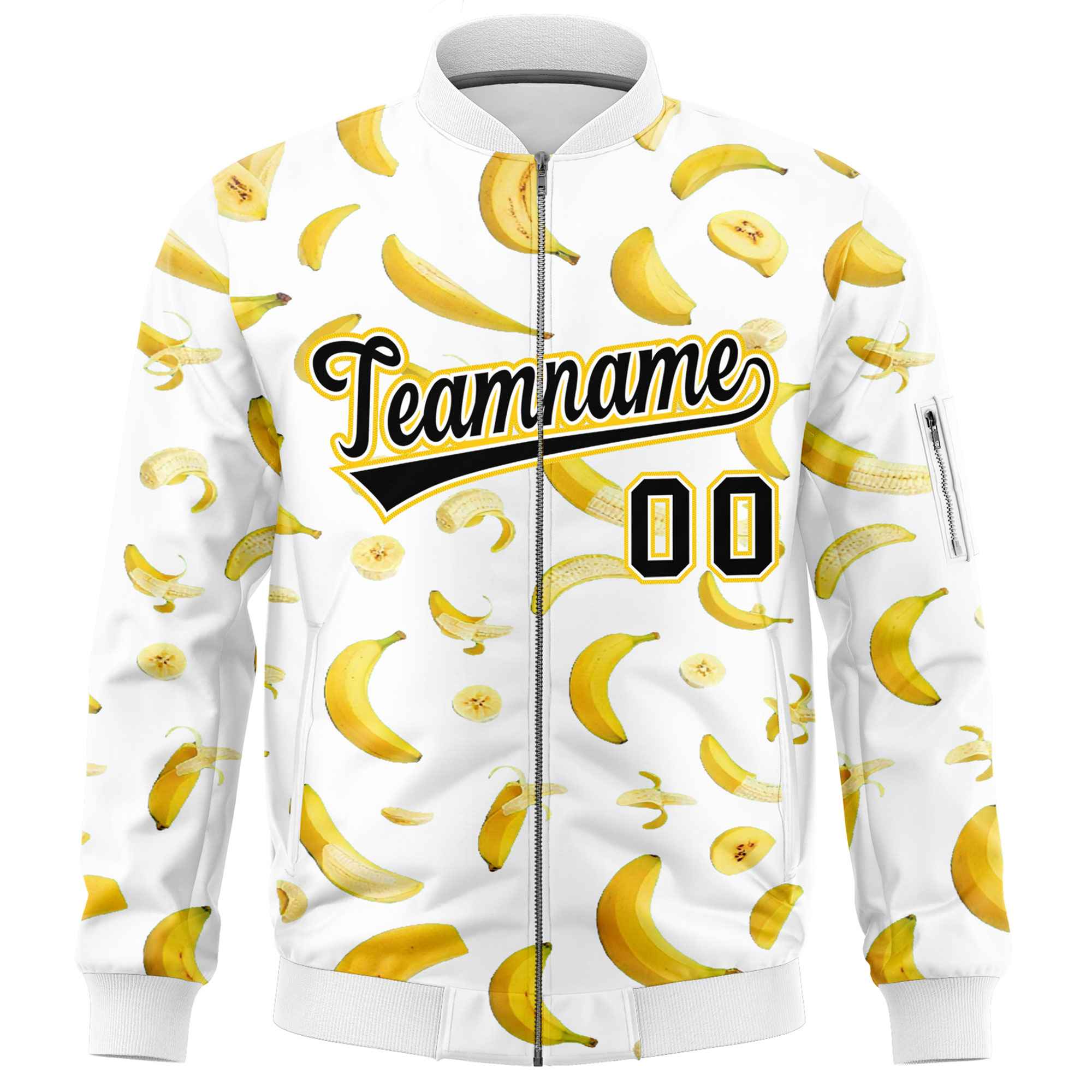 Custom White Varsity Full-Zip Banana Pattern Letterman Bomber Jacket | Graffiti Pattern | Embroidery&Dye-sublimation printing | KXKSHOP