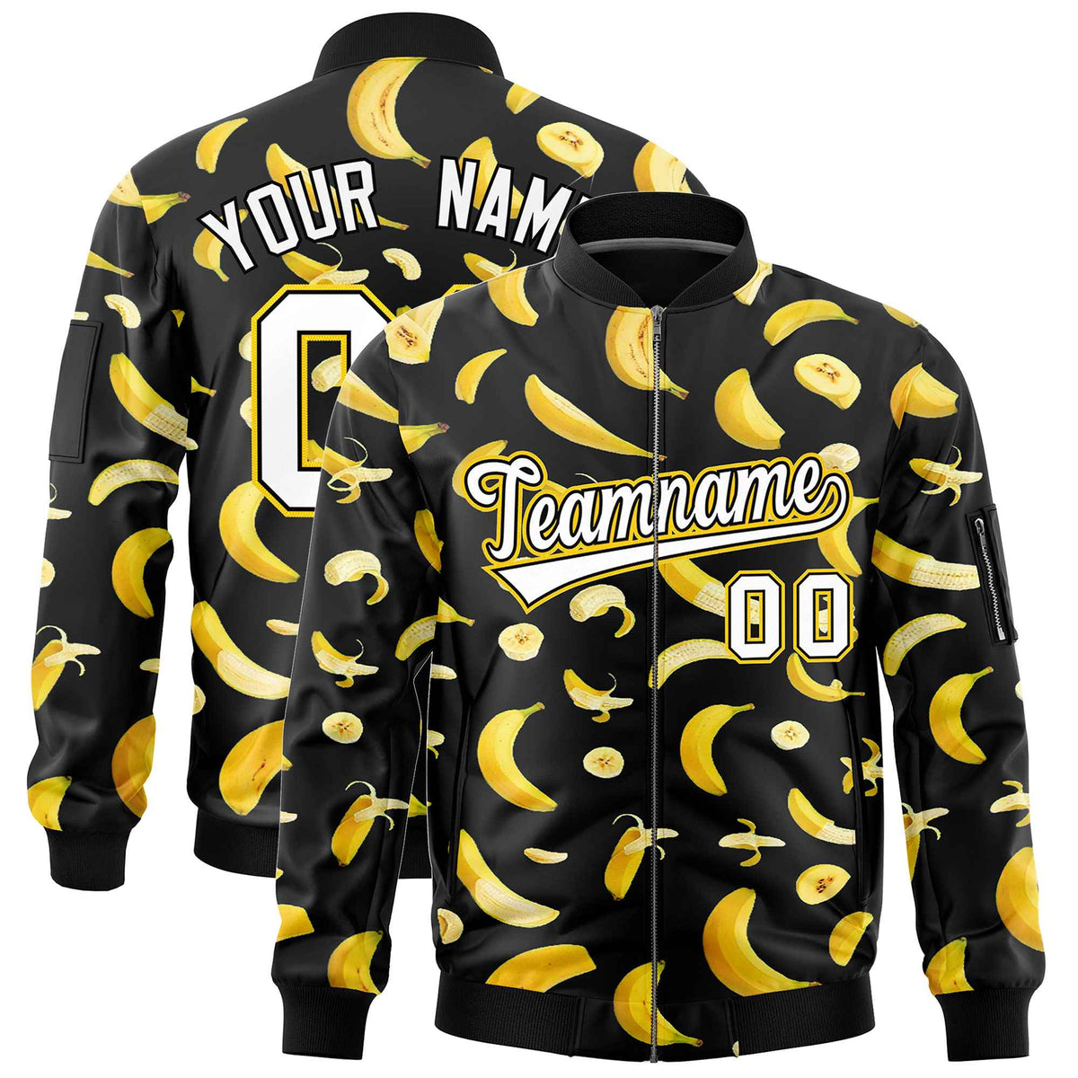 Custom Black Varsity Full-Zip Banana Pattern Letterman Bomber Jacket | Graffiti Pattern | Embroidery&amp;Dye-sublimation printing | KXKSHOP