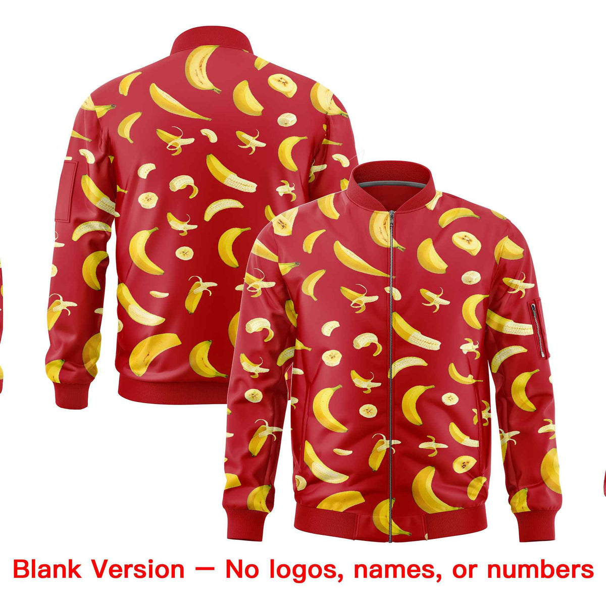 Custom Red Varsity Full-Zip Banana Pattern Letterman Bomber Jacket | Graffiti Pattern | Embroidery&amp;Dye-sublimation printing | KXKSHOP