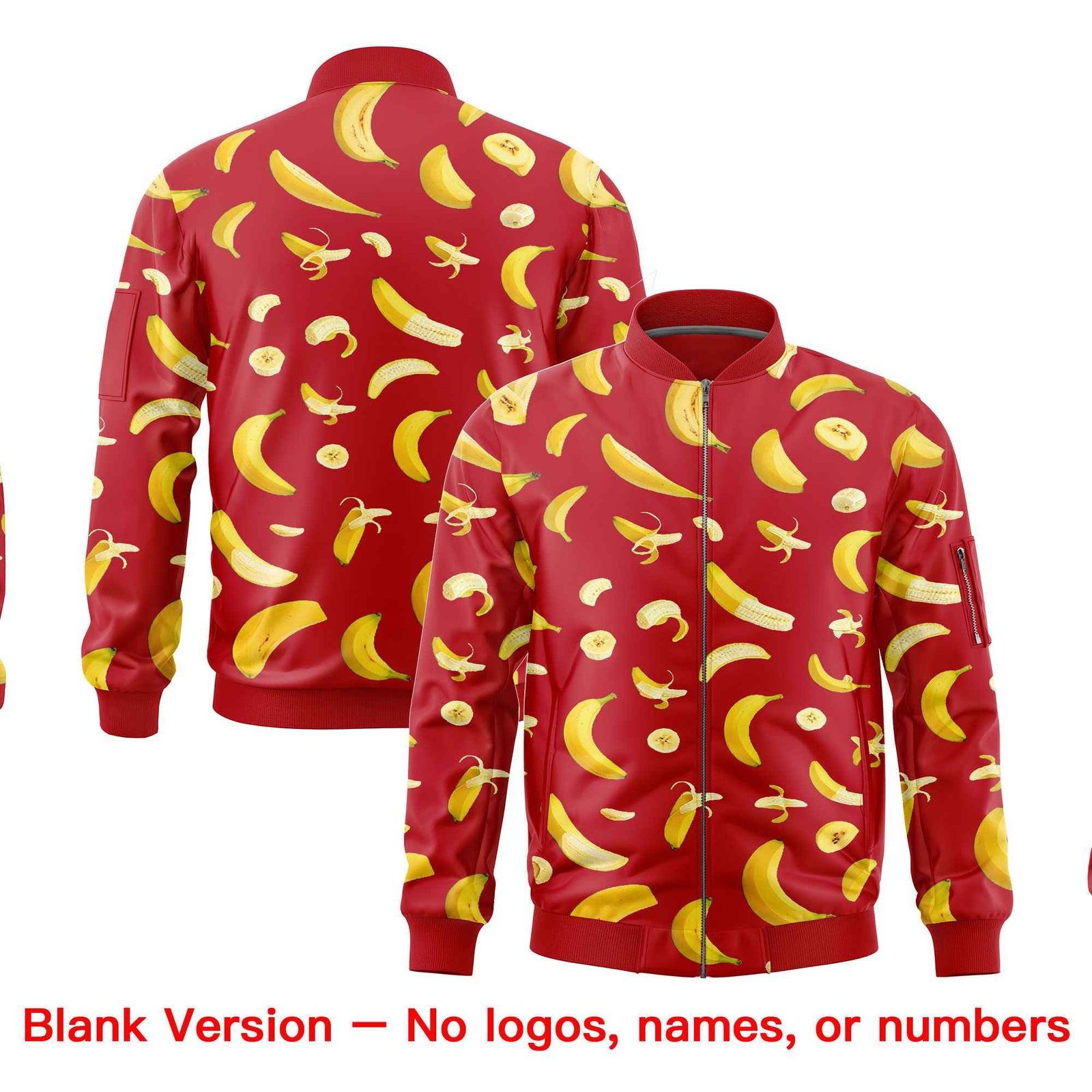 Custom Red Varsity Full-Zip Banana Pattern Letterman Bomber Jacket | Graffiti Pattern | Embroidery&Dye-sublimation printing | KXKSHOP