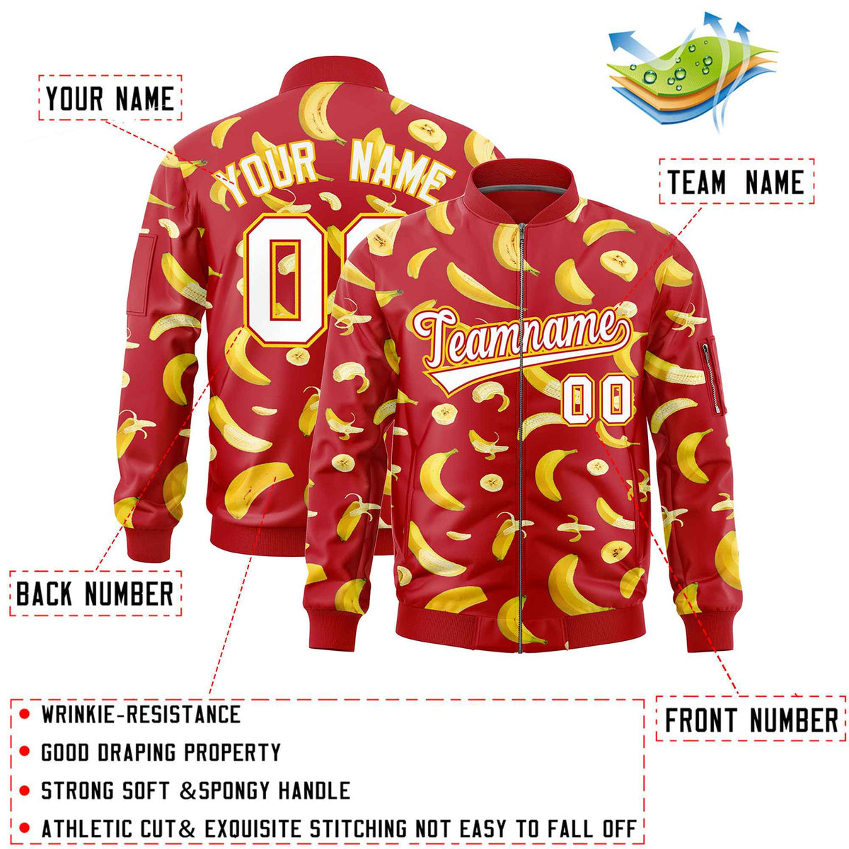 Custom Red Varsity Full-Zip Banana Pattern Letterman Bomber Jacket | Graffiti Pattern | Embroidery&amp;Dye-sublimation printing | KXKSHOP