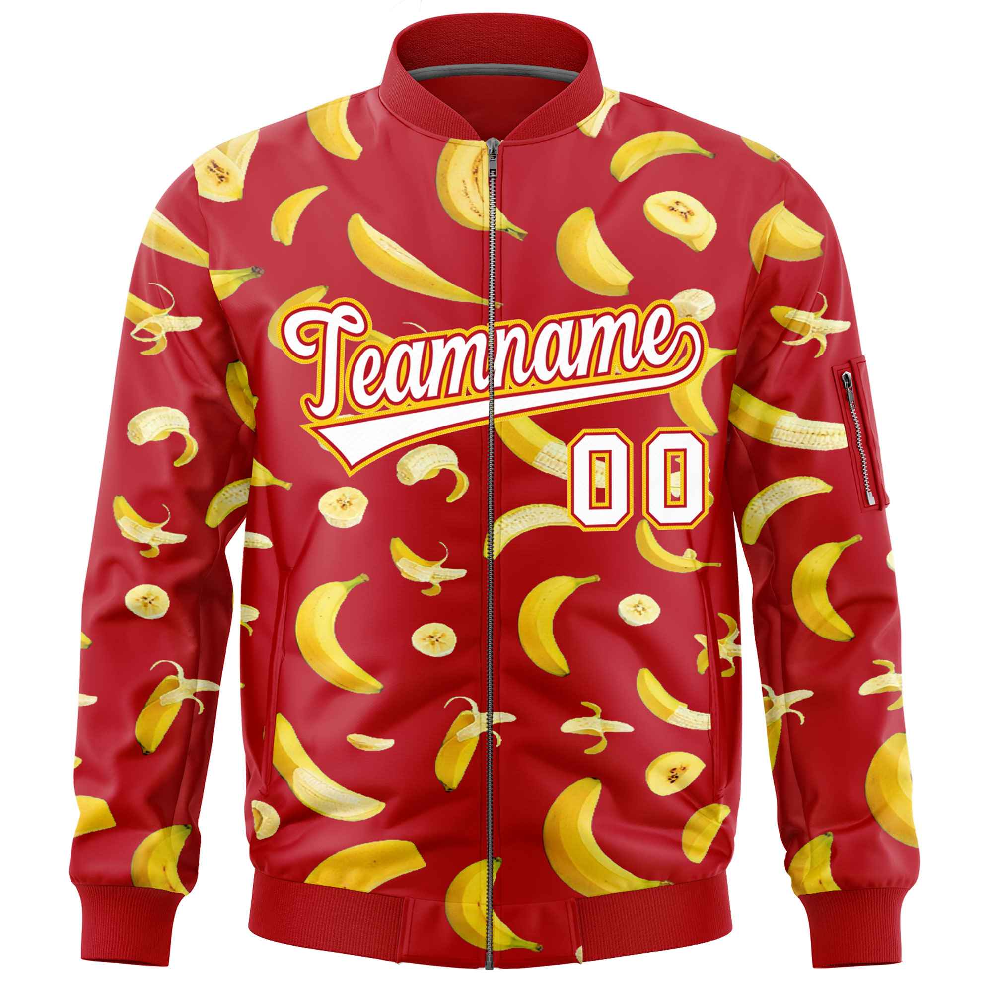 Custom Red Varsity Full-Zip Banana Pattern Letterman Bomber Jacket | Graffiti Pattern | Embroidery&Dye-sublimation printing | KXKSHOP