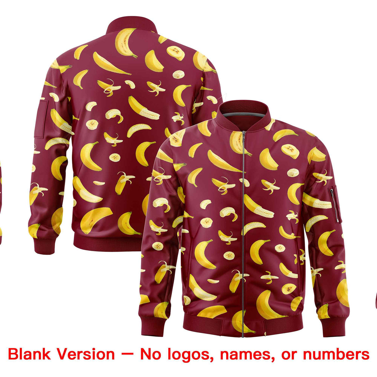 Custom Crimson Varsity Full-Zip Banana Pattern Letterman Bomber Jacket | Graffiti Pattern | Embroidery&amp;Dye-sublimation printing | KXKSHOP