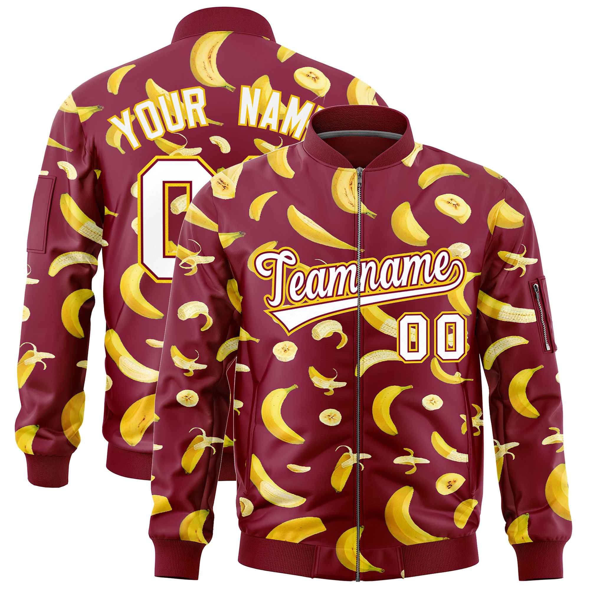 Custom Crimson Varsity Full-Zip Banana Pattern Letterman Bomber Jacket | Graffiti Pattern | Embroidery&Dye-sublimation printing | KXKSHOP