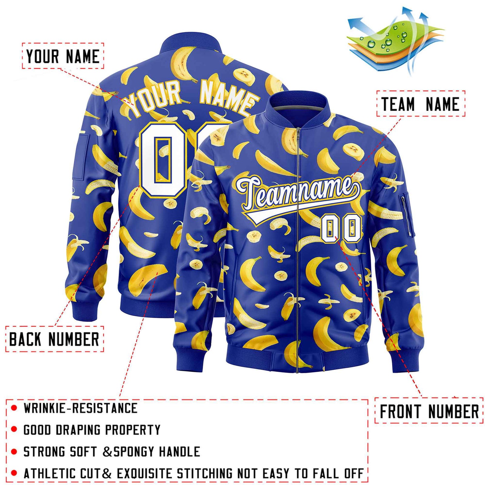 Custom Royal Blue Varsity Full-Zip Banana Pattern Letterman Bomber Jacket | Graffiti Pattern | Embroidery&Dye-sublimation printing | KXKSHOP