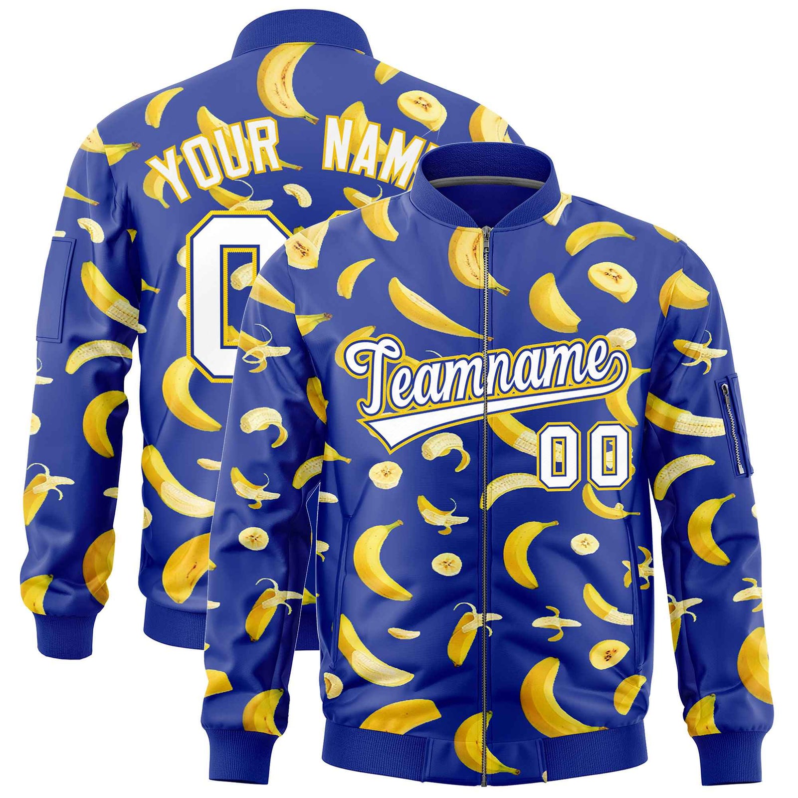 Custom Royal Blue Varsity Full-Zip Banana Pattern Letterman Bomber Jacket | Graffiti Pattern | Embroidery&Dye-sublimation printing | KXKSHOP