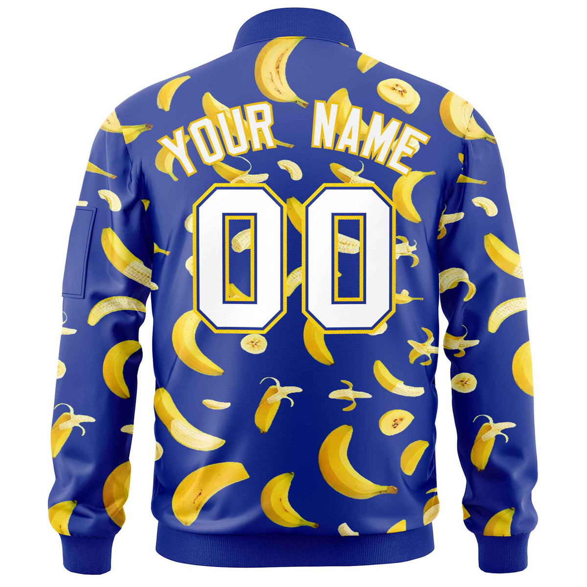 Custom Royal Blue Varsity Full-Zip Banana Pattern Letterman Bomber Jacket | Graffiti Pattern | Embroidery&amp;Dye-sublimation printing | KXKSHOP