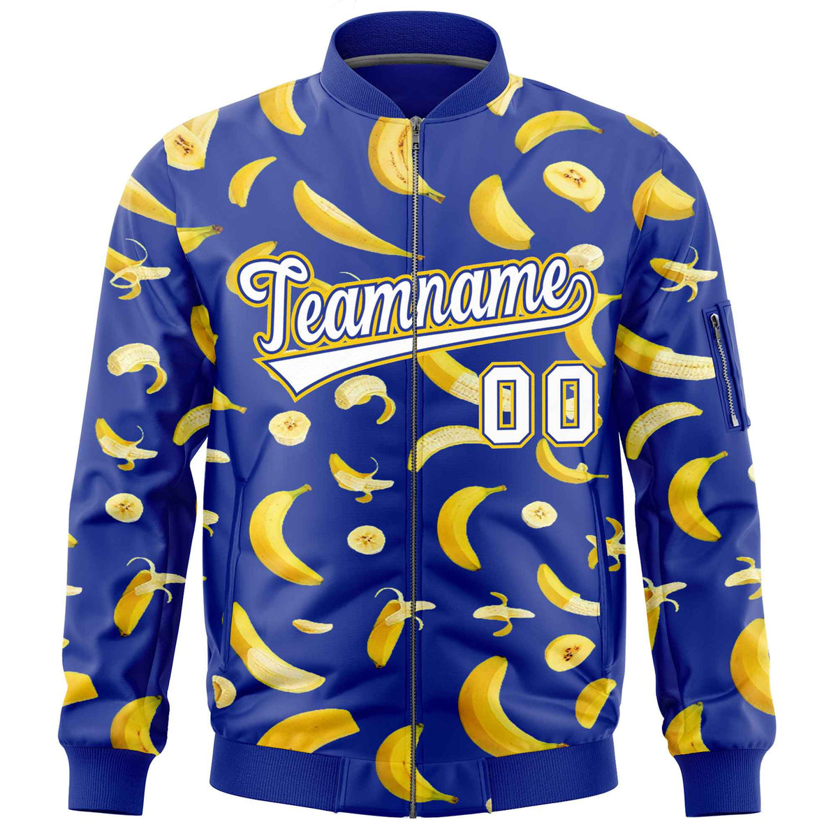 Custom Royal Blue Varsity Full-Zip Banana Pattern Letterman Bomber Jacket | Graffiti Pattern | Embroidery&amp;Dye-sublimation printing | KXKSHOP