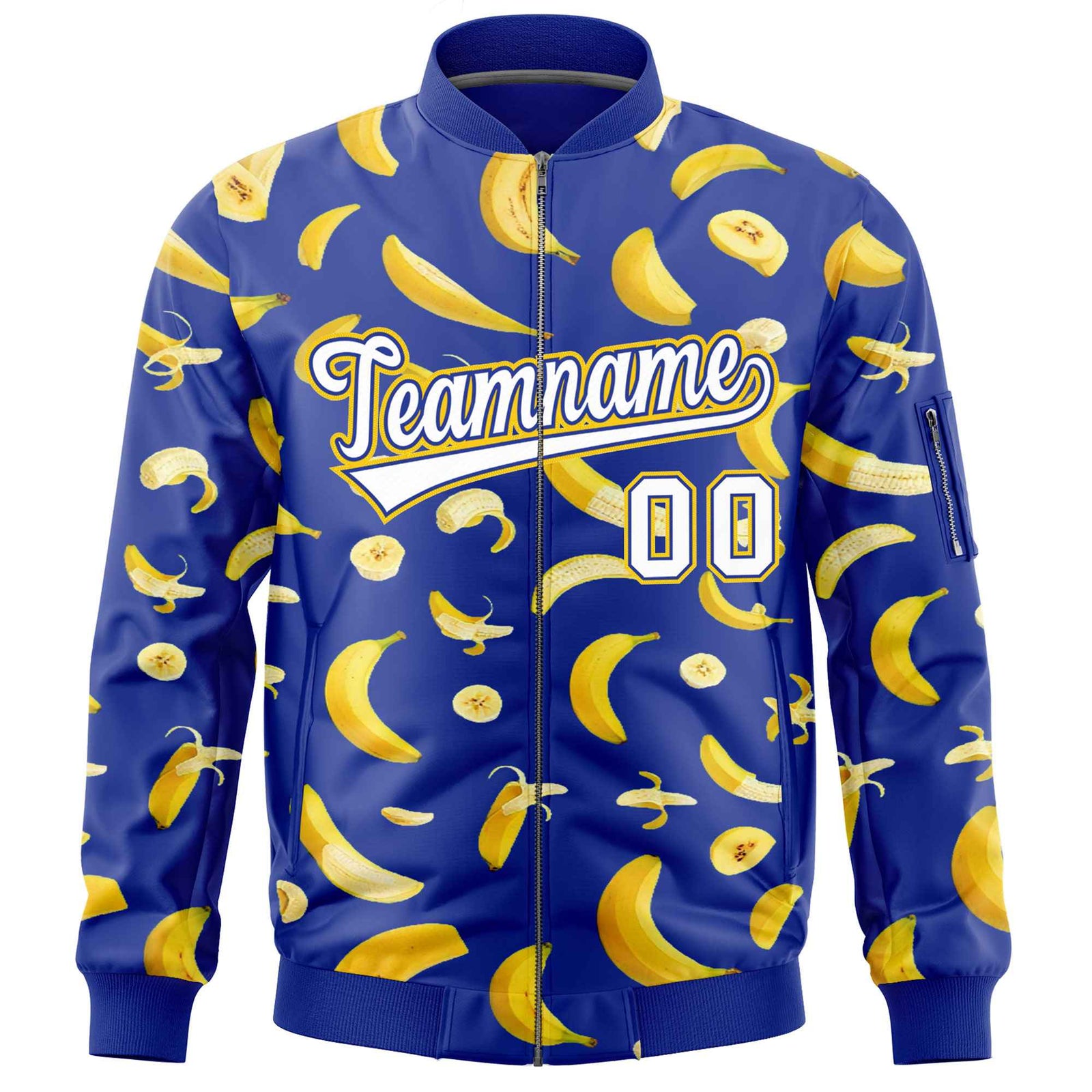 Custom Royal Blue Varsity Full-Zip Banana Pattern Letterman Bomber Jacket | Graffiti Pattern | Embroidery&Dye-sublimation printing | KXKSHOP