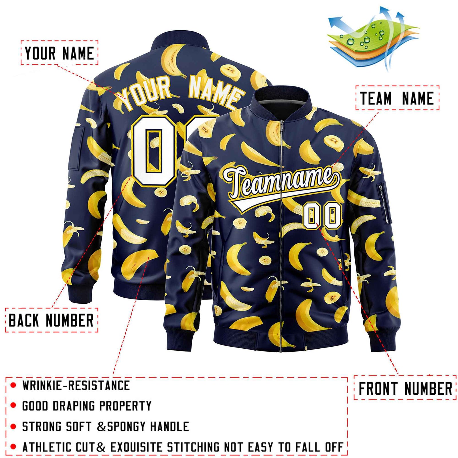 Custom Navy Varsity Full-Zip Banana Pattern Letterman Bomber Jacket | Graffiti Pattern | Embroidery&Dye-sublimation printing | KXKSHOP