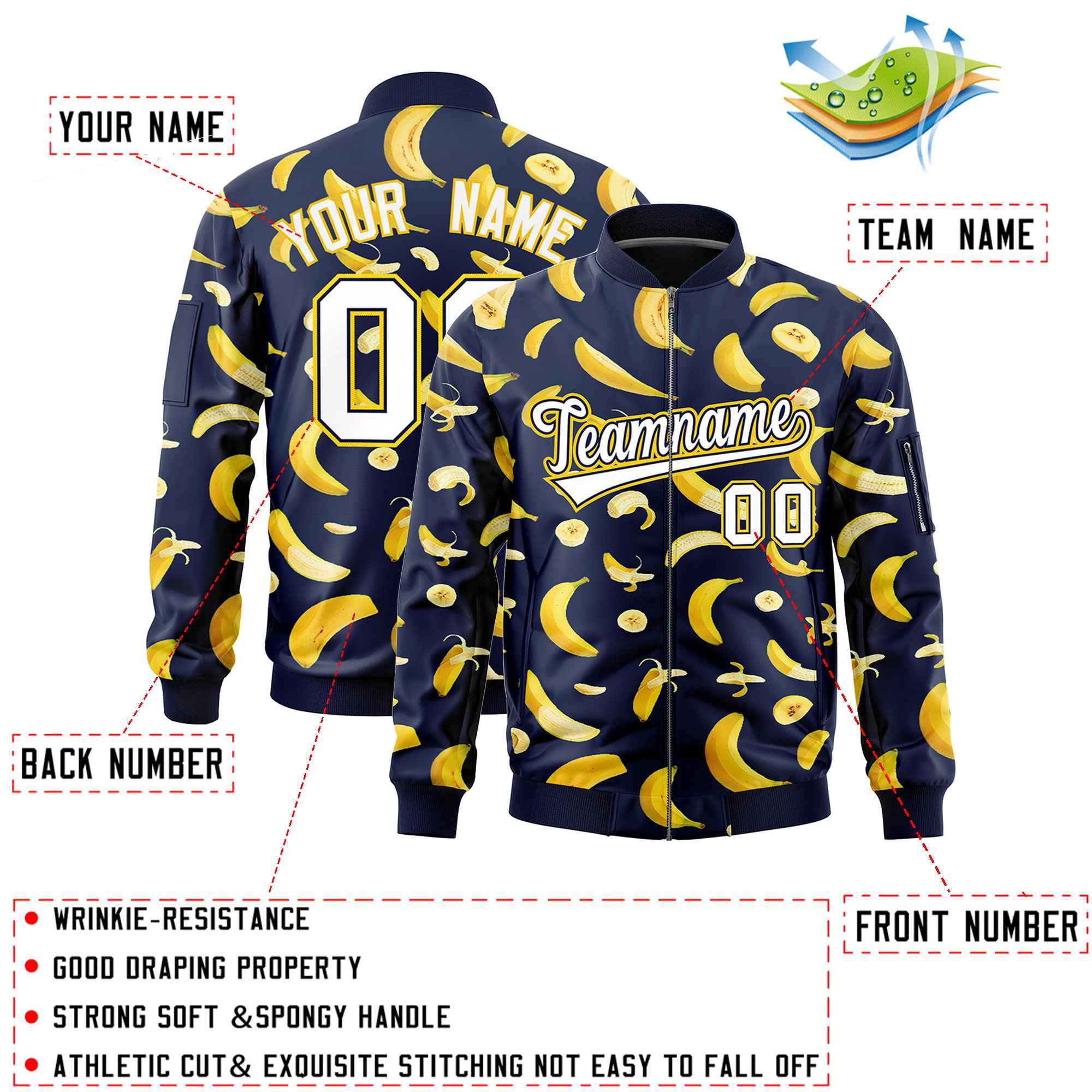 Custom Navy Varsity Full-Zip Banana Pattern Letterman Bomber Jacket | Graffiti Pattern | Embroidery&Dye-sublimation printing | KXKSHOP