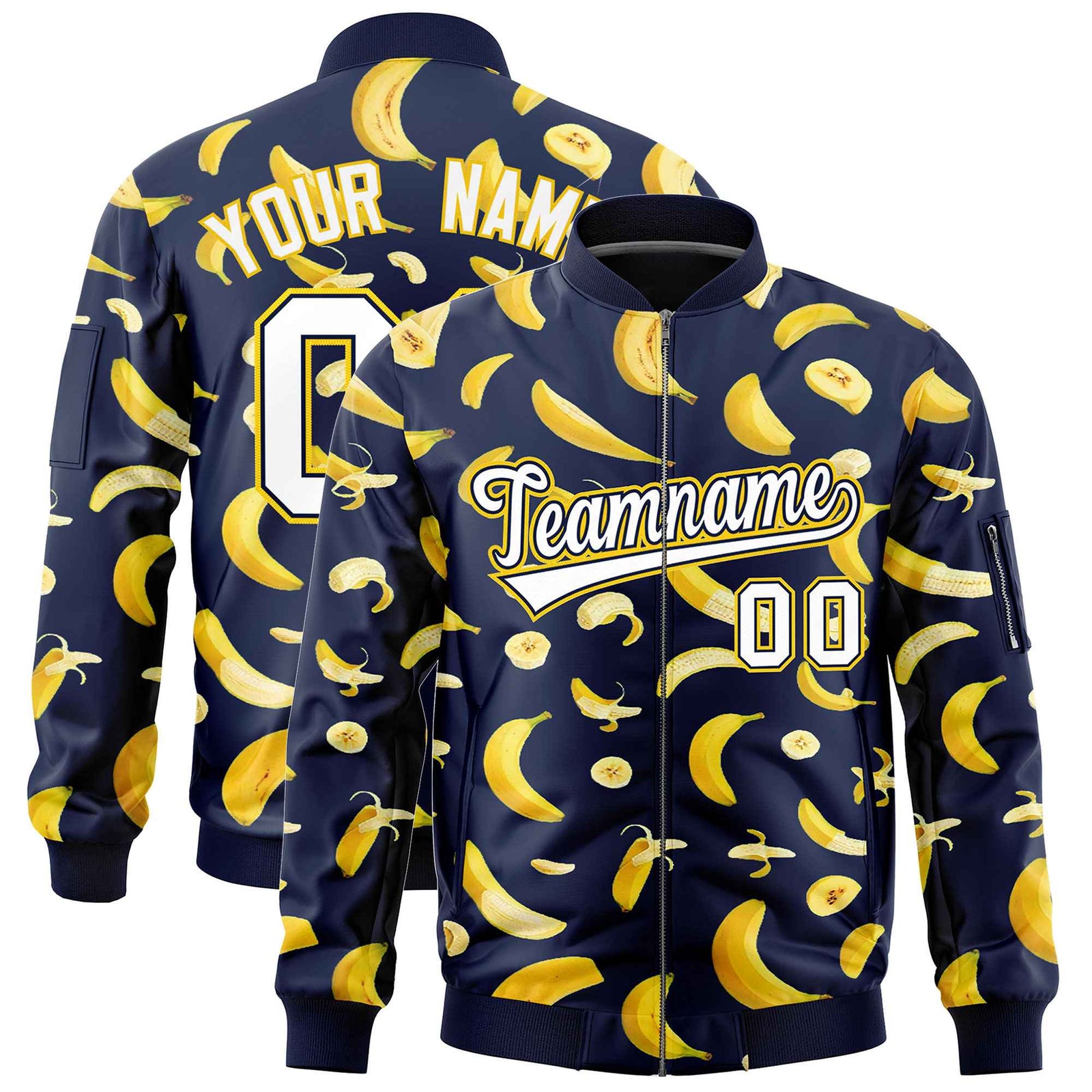 Custom Navy Varsity Full-Zip Banana Pattern Letterman Bomber Jacket | Graffiti Pattern | Embroidery&Dye-sublimation printing | KXKSHOP