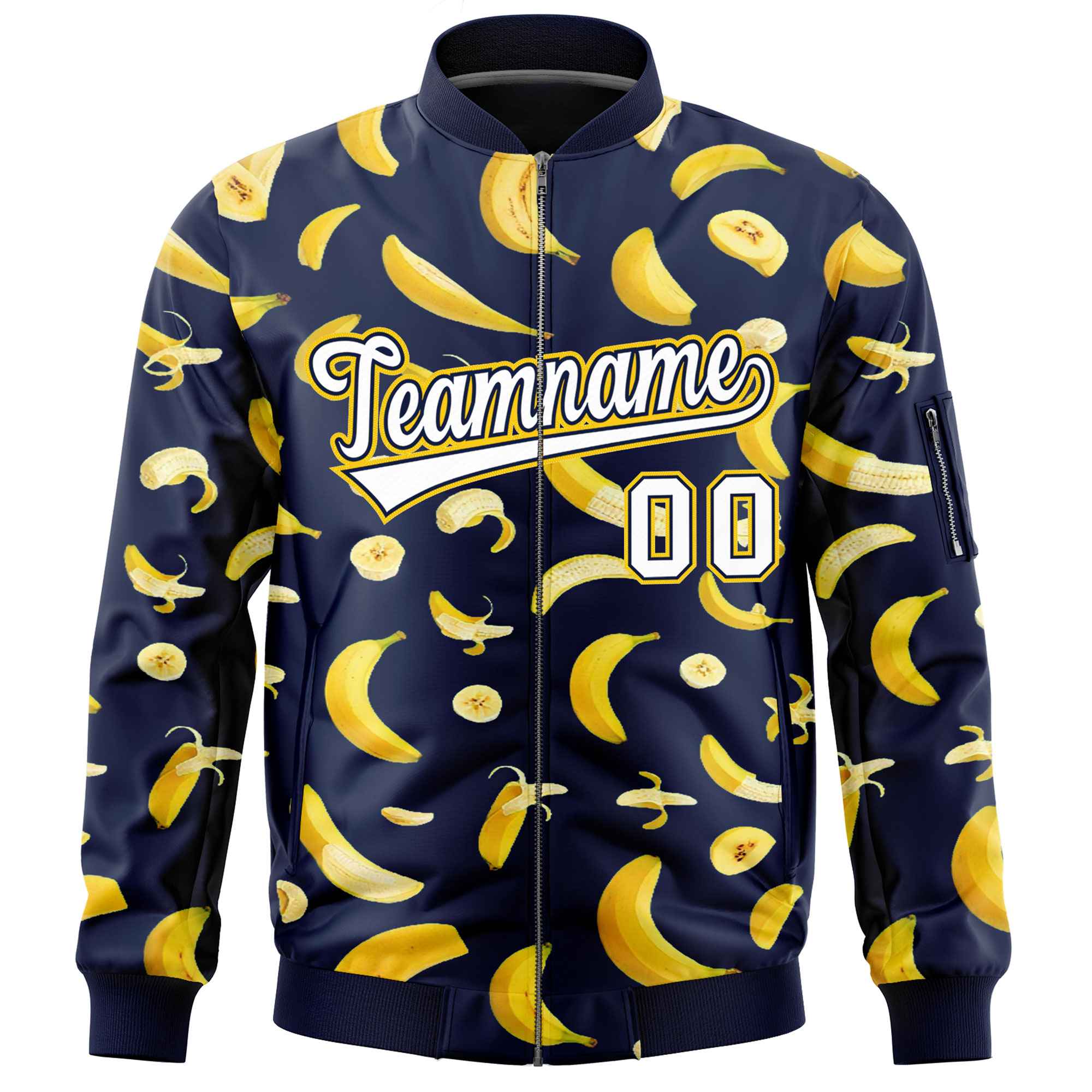 Custom Navy Varsity Full-Zip Banana Pattern Letterman Bomber Jacket | Graffiti Pattern | Embroidery&Dye-sublimation printing | KXKSHOP