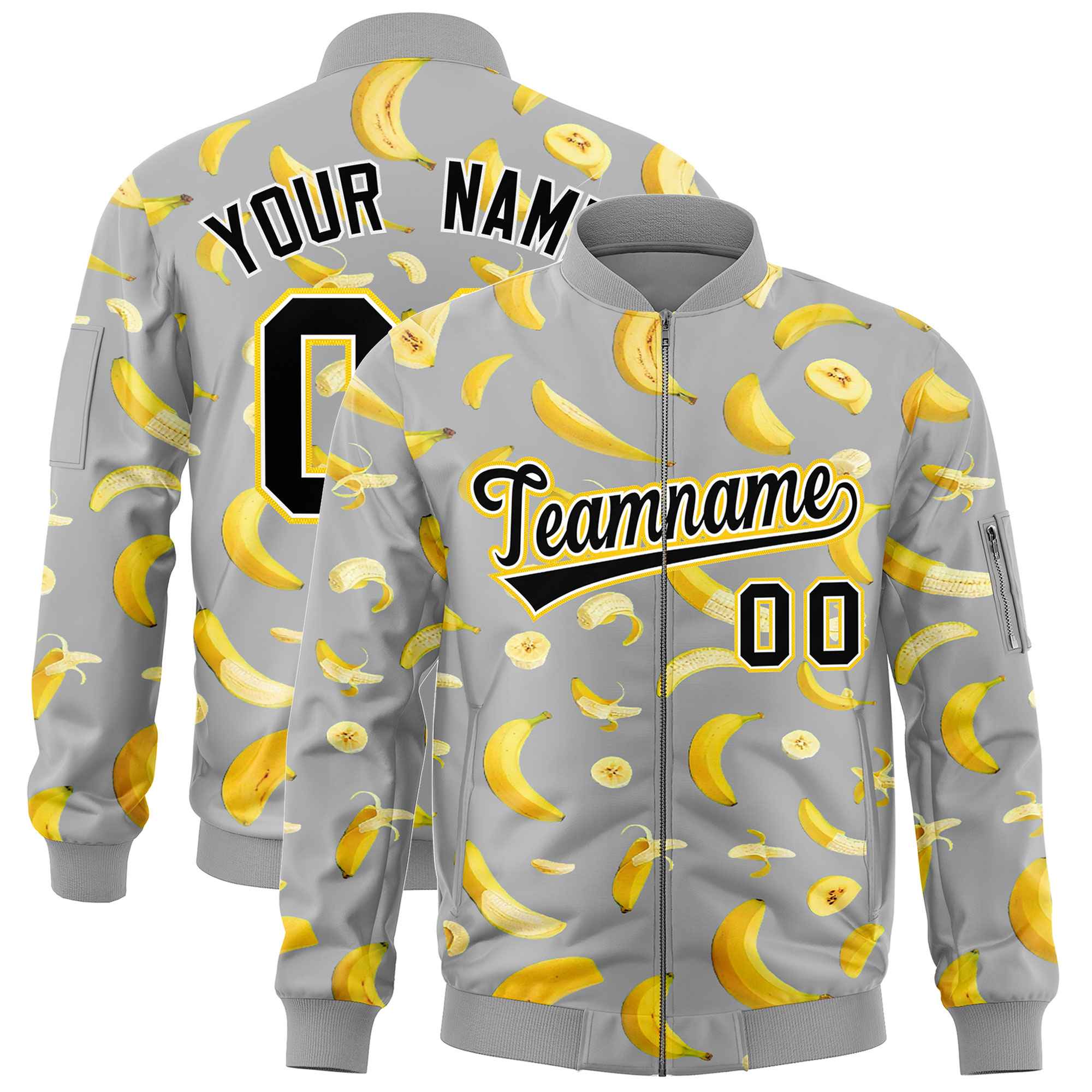 Custom Gray Varsity Full-Zip Banana Pattern Letterman Bomber Jacket | Graffiti Pattern | Embroidery&Dye-sublimation printing | KXKSHOP