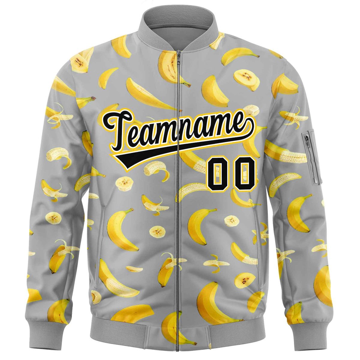 Custom Gray Varsity Full-Zip Banana Pattern Letterman Bomber Jacket | Graffiti Pattern | Embroidery&amp;Dye-sublimation printing | KXKSHOP